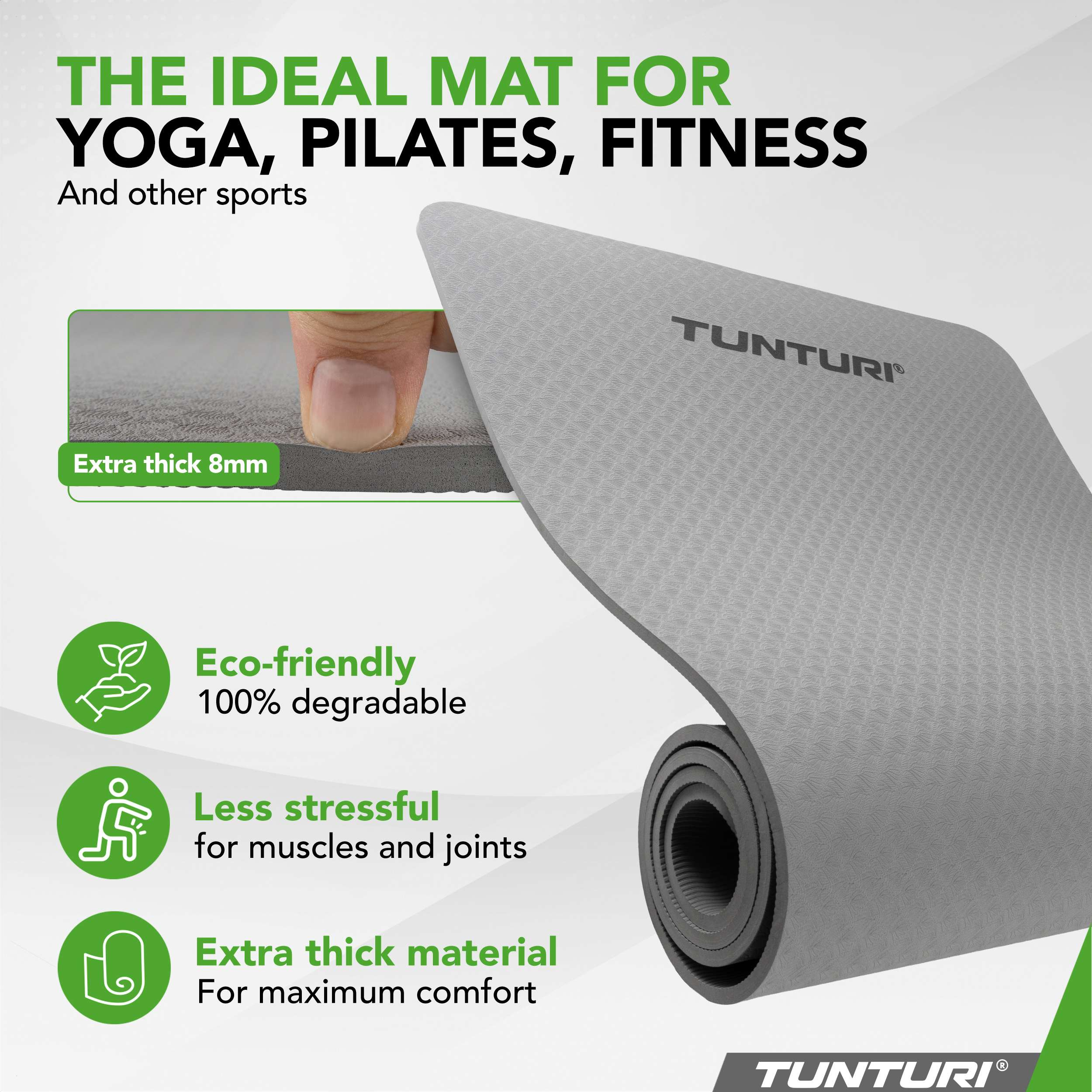 A grey Tunturi yoga mat is shown, featuring text about its benefits: eco-friendly, less stressful for muscles, and extra thick.