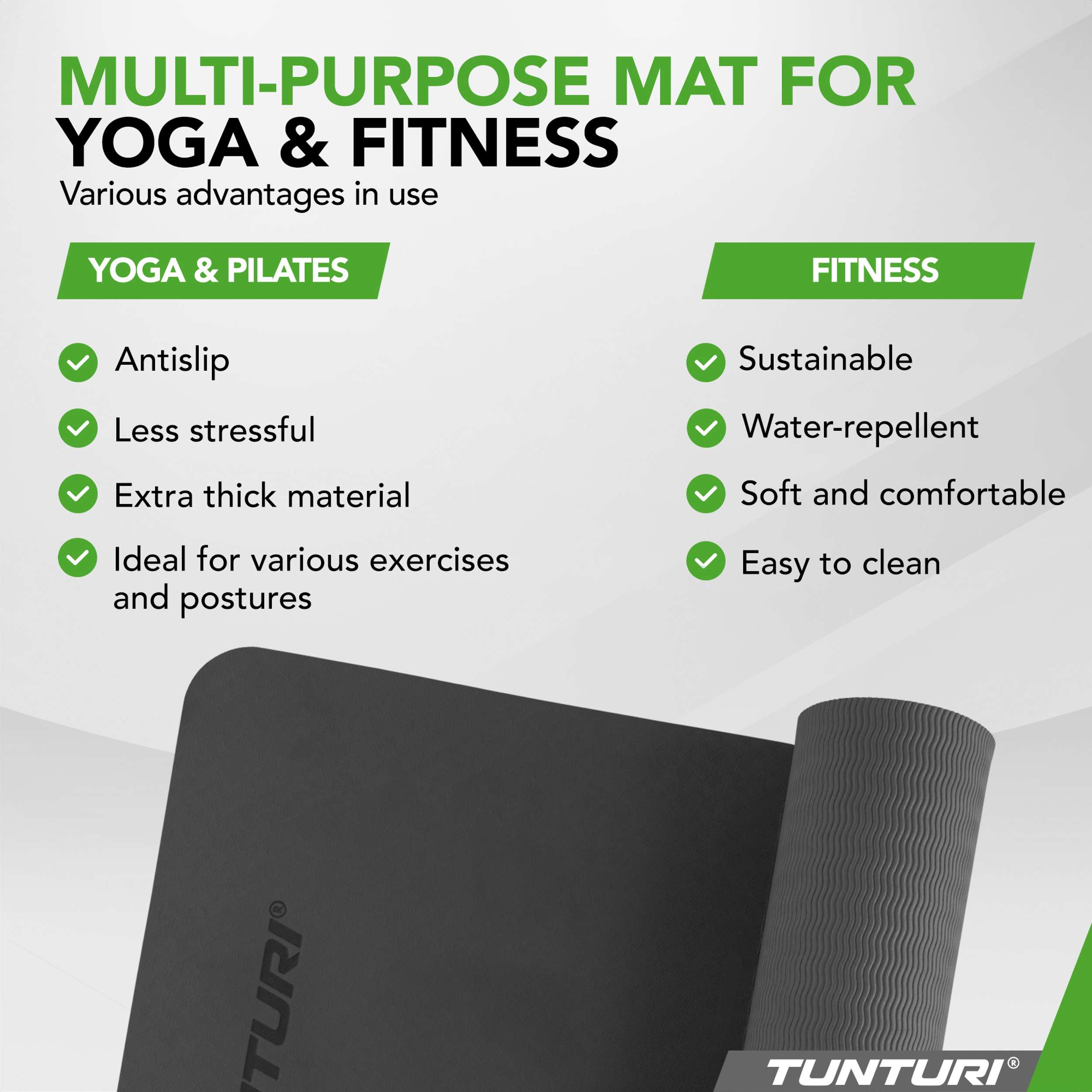 A dark grey Tunturi mat for yoga and fitness, showing benefits for both.