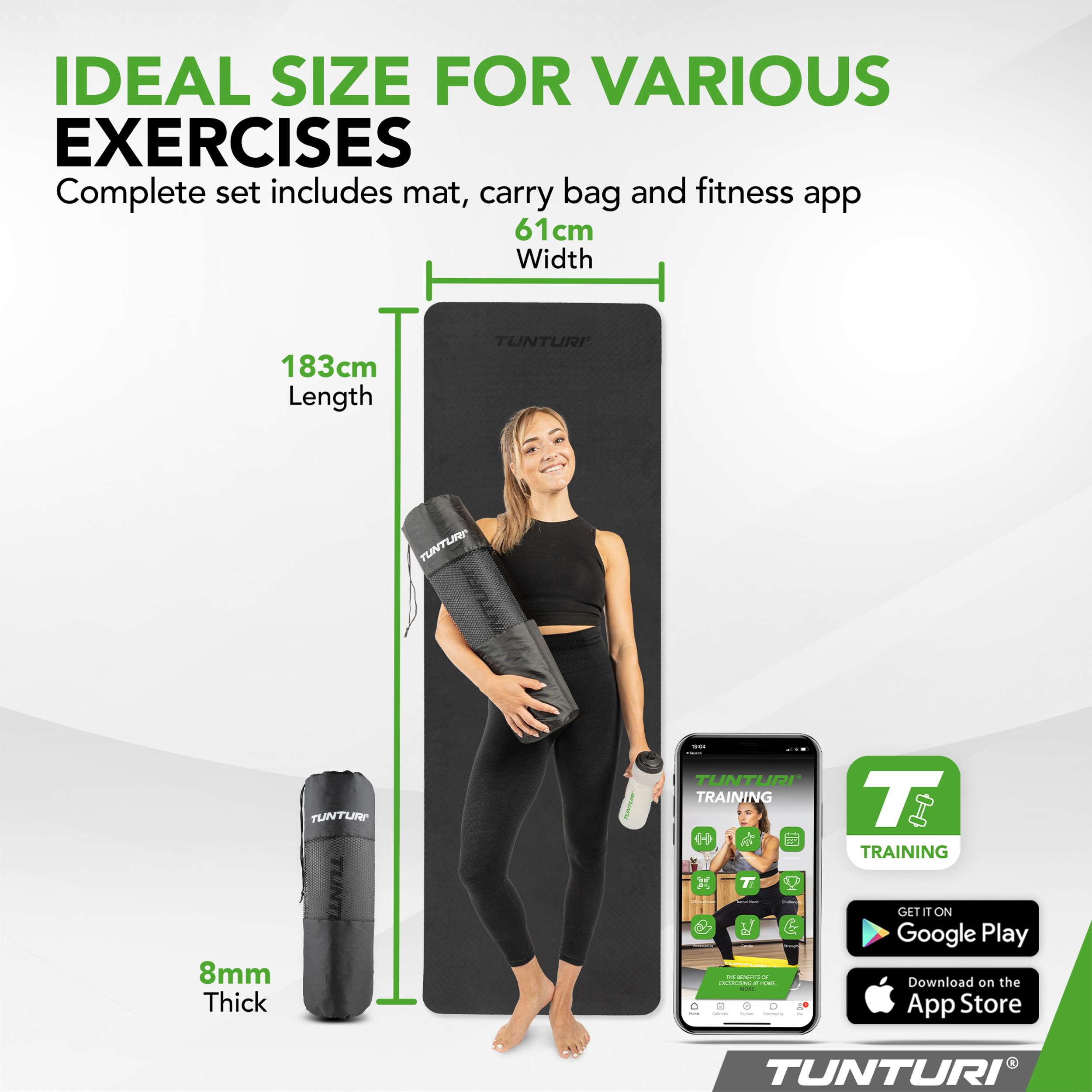 Woman holding a rolled-up mat. Mat dimensions: 183cm L, 61cm W, 8mm thick.