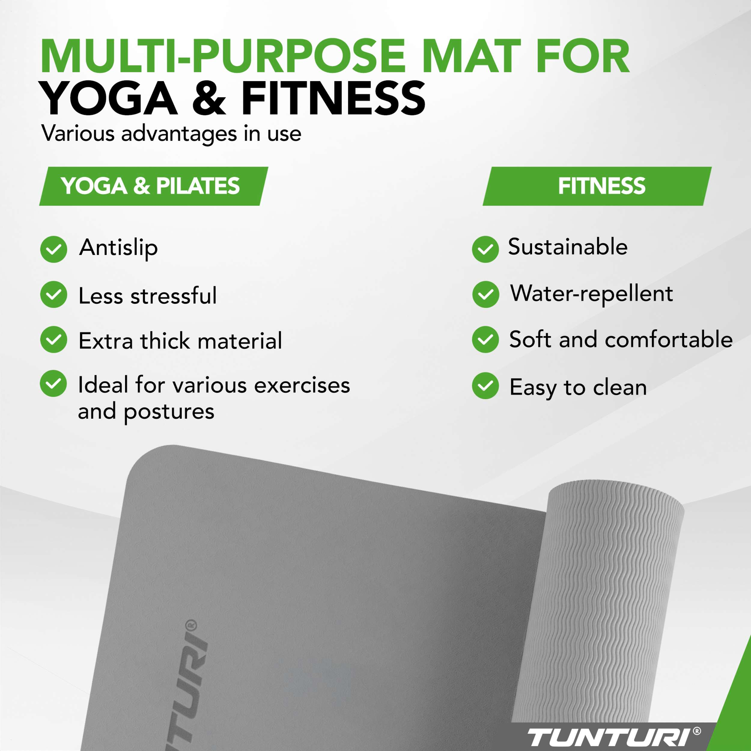 A grey Tunturi mat for yoga & fitness, showing advantages like antislip and water-repellent.