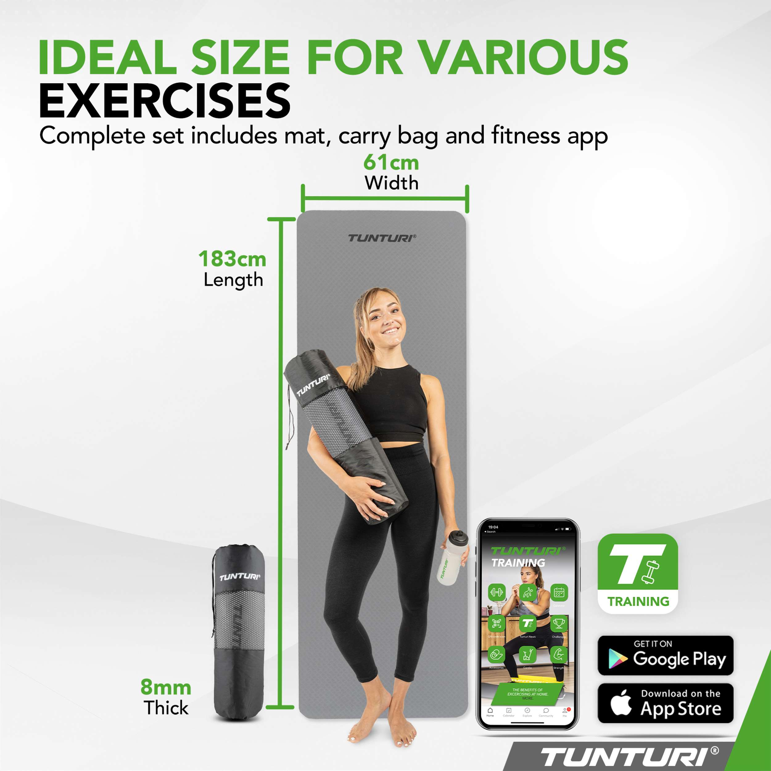 A woman holds a yoga mat and bag. A smartphone displays a fitness app.