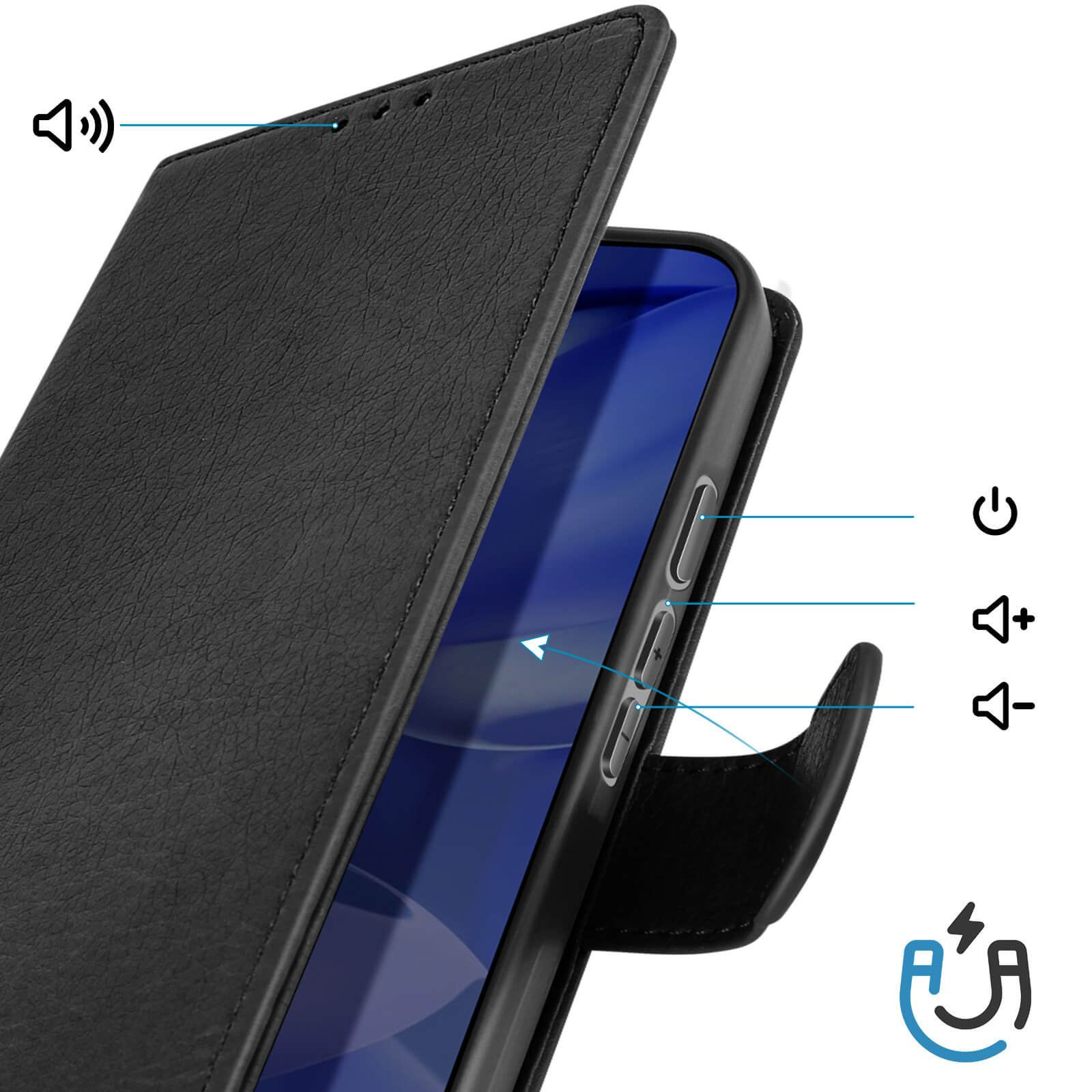 Custodia per telefono in pelle nera con pulsanti per accensione, volume su/giù e icona altoparlante.