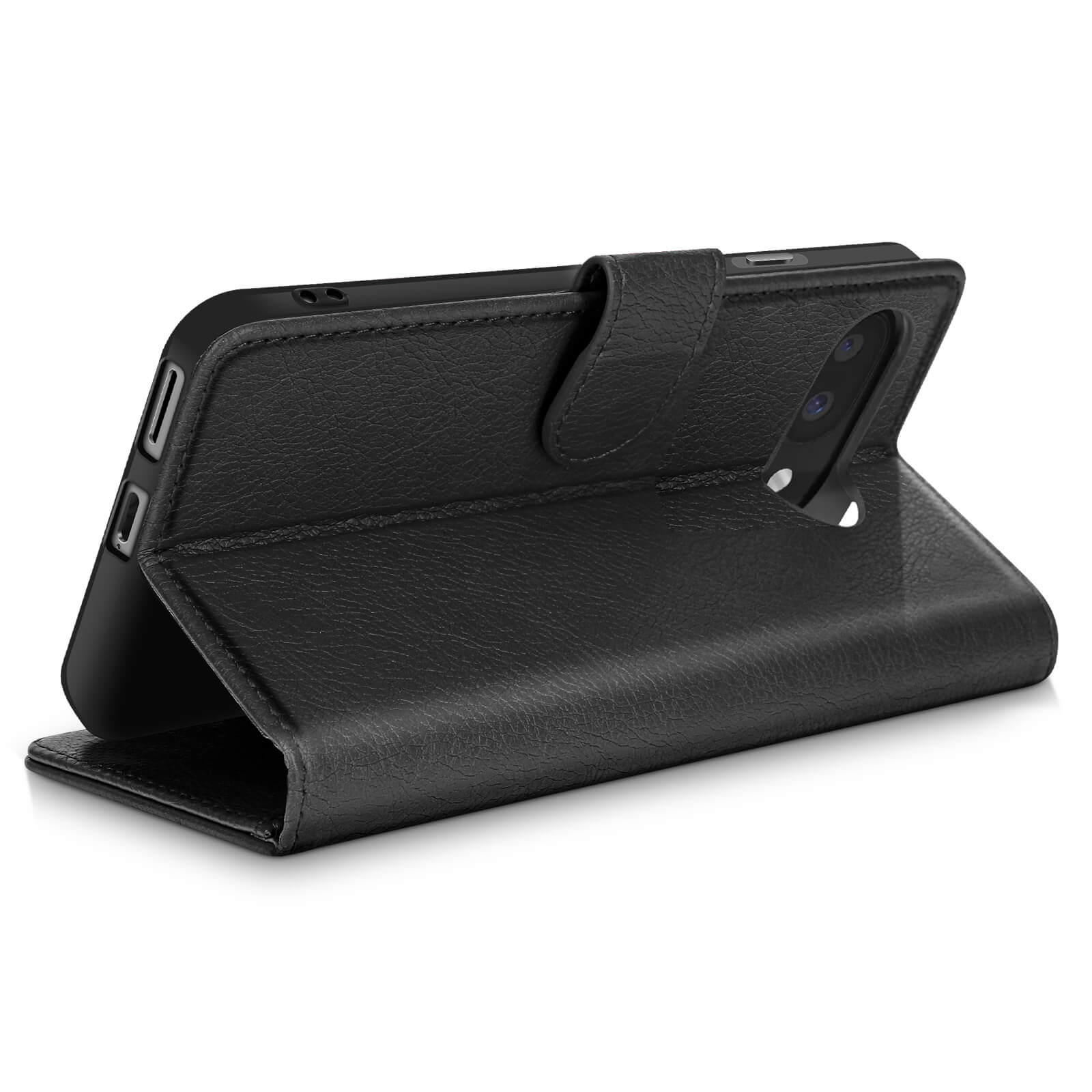 Una custodia a flip in pelle nera per smartphone è aperta, mostrando le lenti della fotocamera.