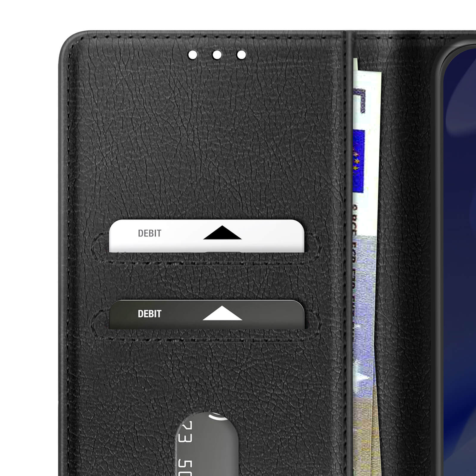 Custodia a portafoglio in pelle nera con carte di debito e banconota euro. Schermo visibile.