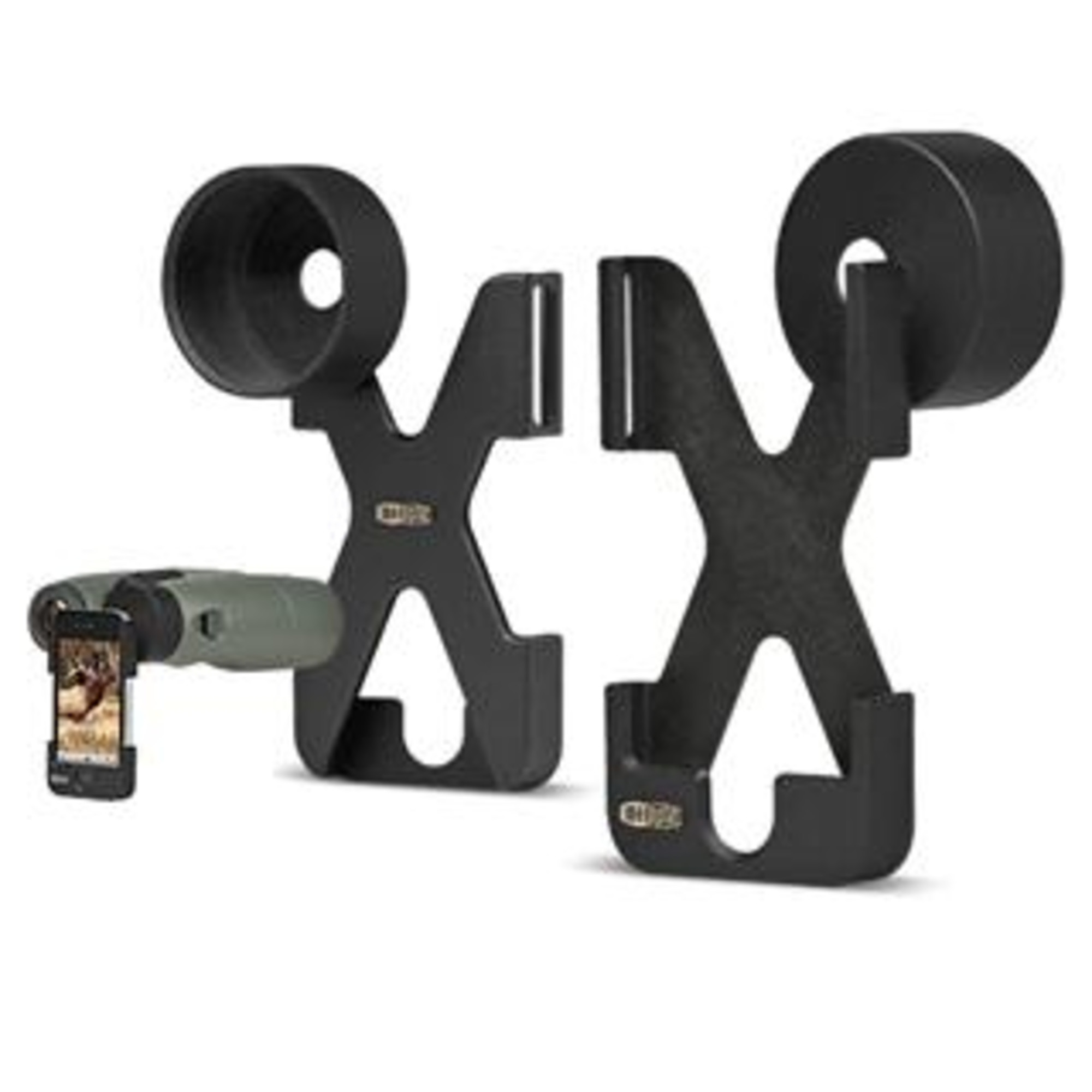 Zwei schwarze Handyhalterungen mit einem Fernglas und einem Handy.