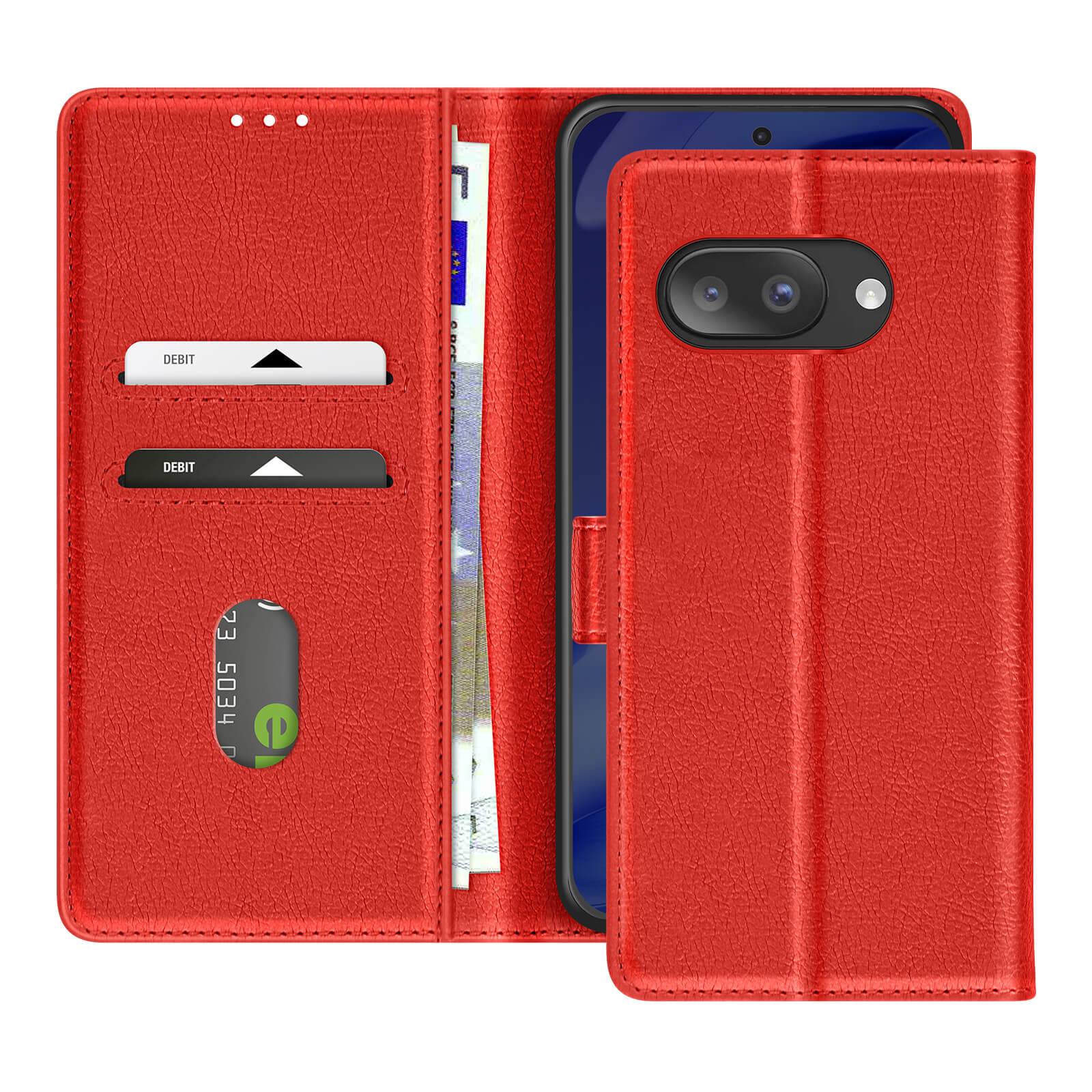 Custodia a portafoglio in pelle rossa con telefono, carte e contanti. Vista aperta.