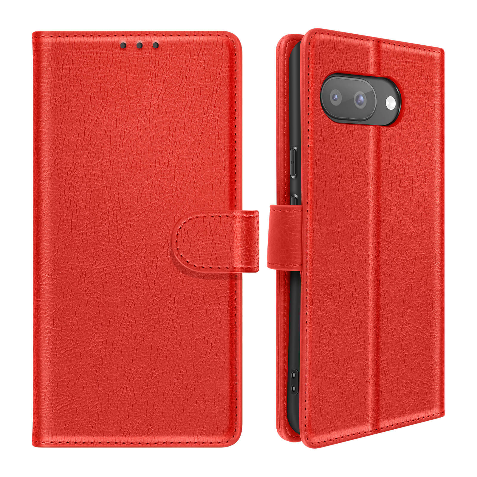 Custodia per telefono in pelle rossa, aperta, mostra doppia fotocamera e pulsanti.