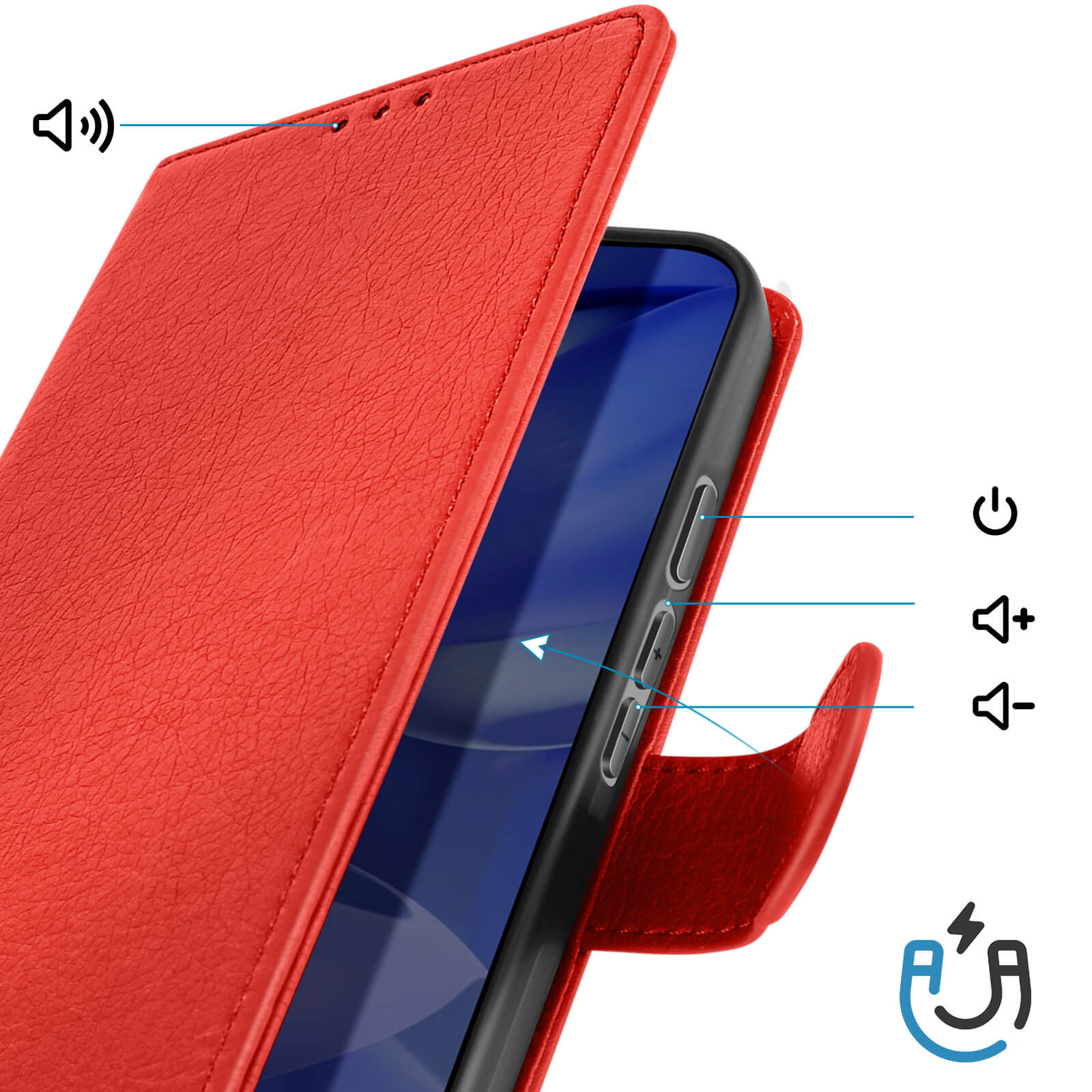 Custodia rossa aperta, mostra pulsanti del telefono e icone per volume, accensione e ricarica magnetica.