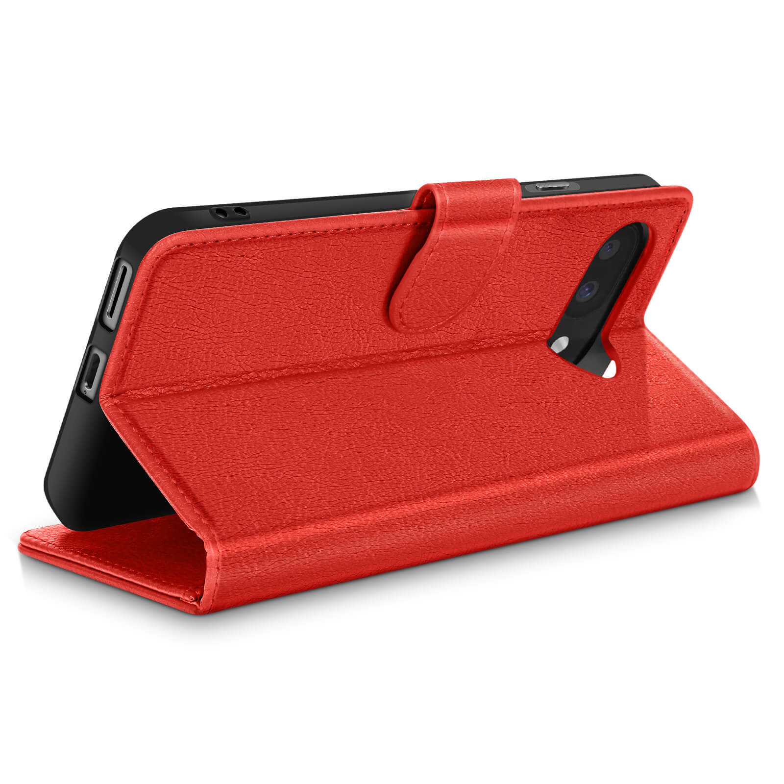 Custodia rossa per telefono con ritaglio fotocamera e chiusura magnetica, sfondo bianco.