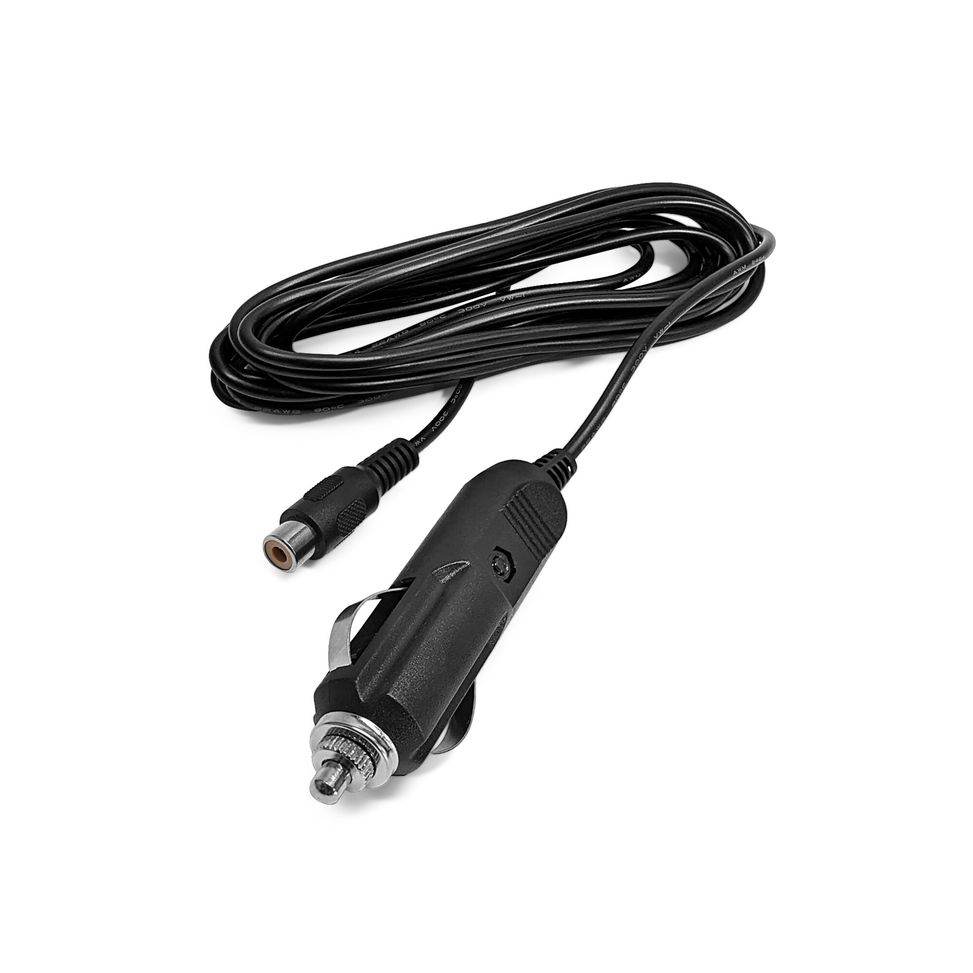 Ein schwarzes Autoladegerät mit Kabel und einem runden Stecker.