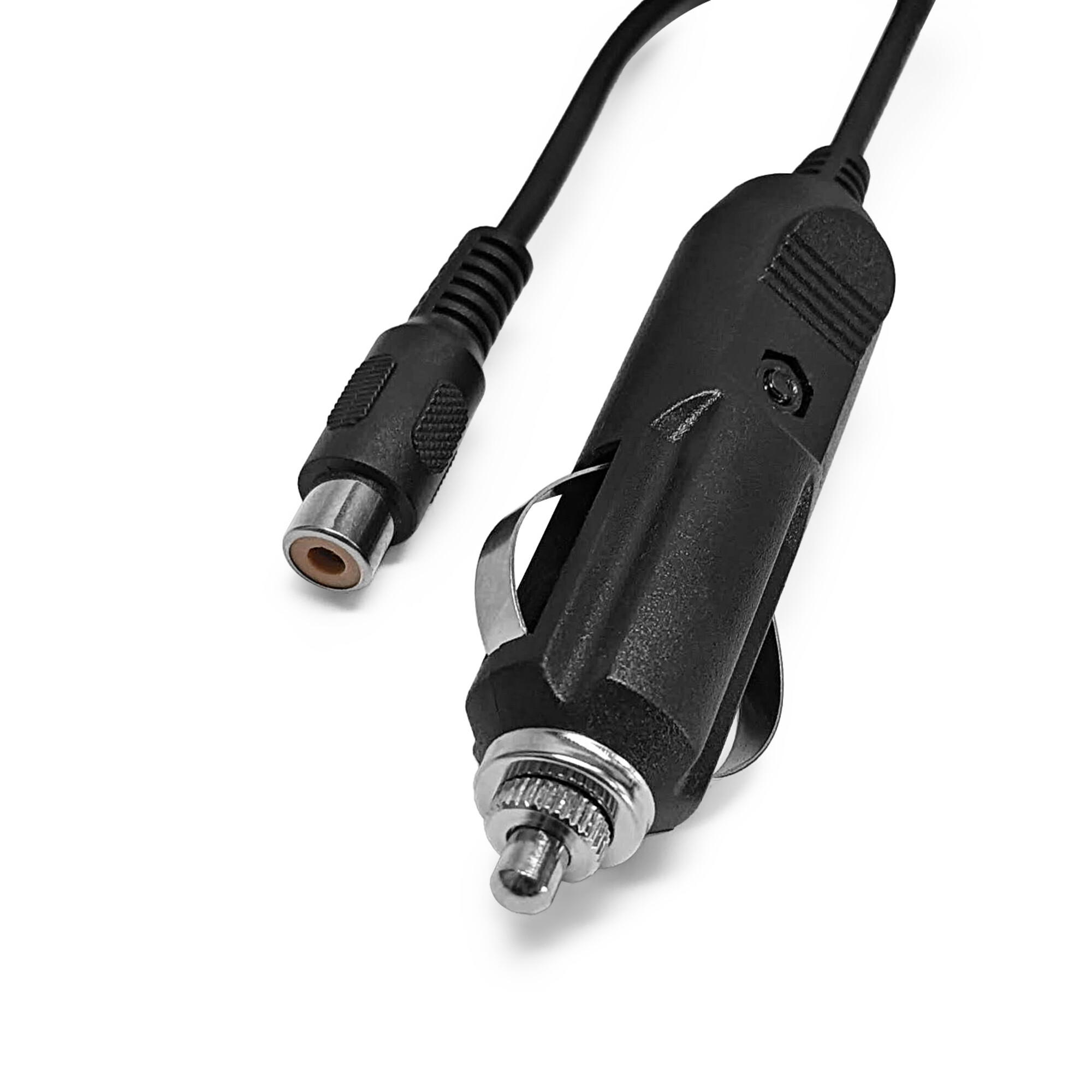 Schwarzes Autoladekabel mit Zigarettenanzünderstecker und RCA-Anschluss.