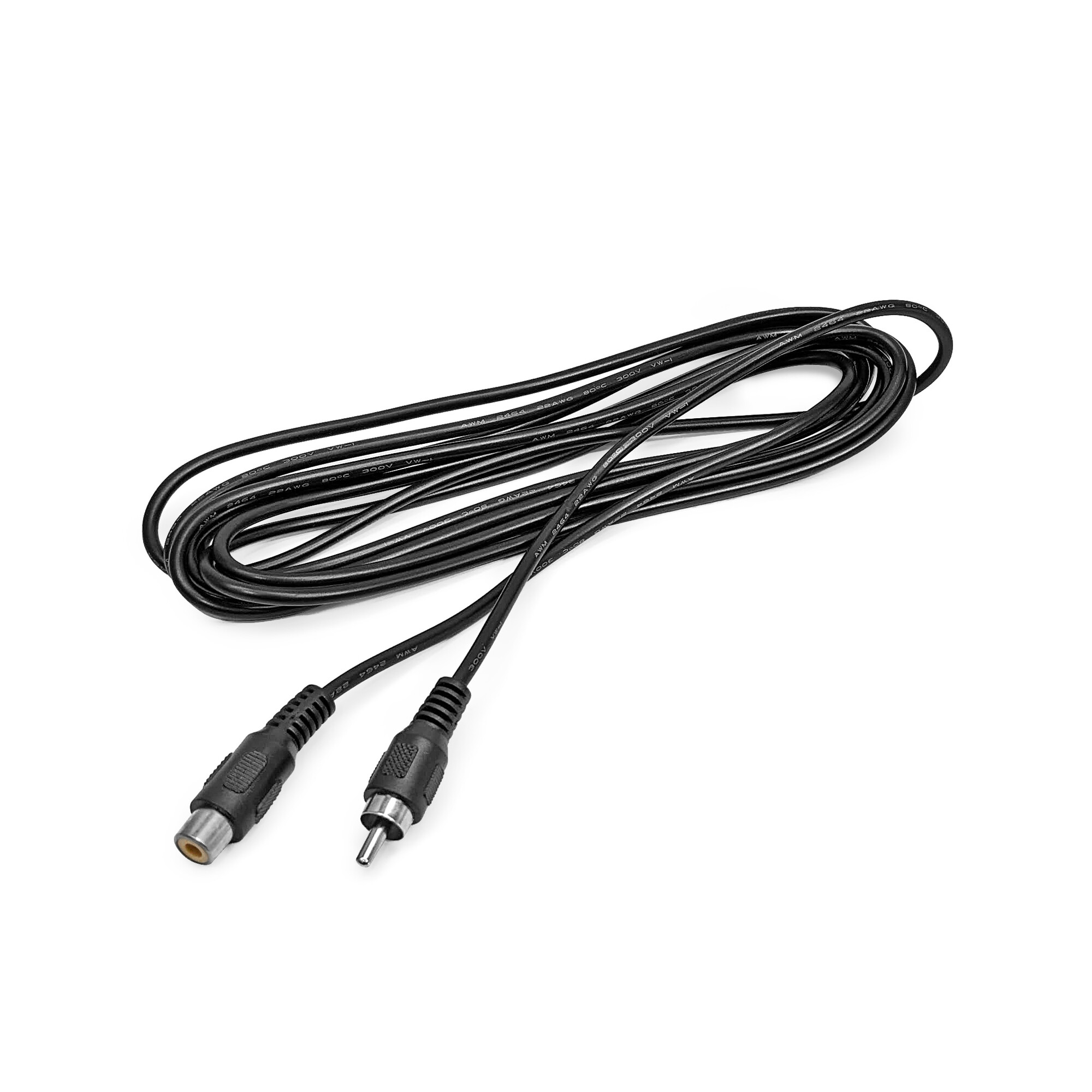 Ein schwarzes Cinch-Audiokabel mit einem männlichen und einem weiblichen Stecker auf weißem Hintergrund.