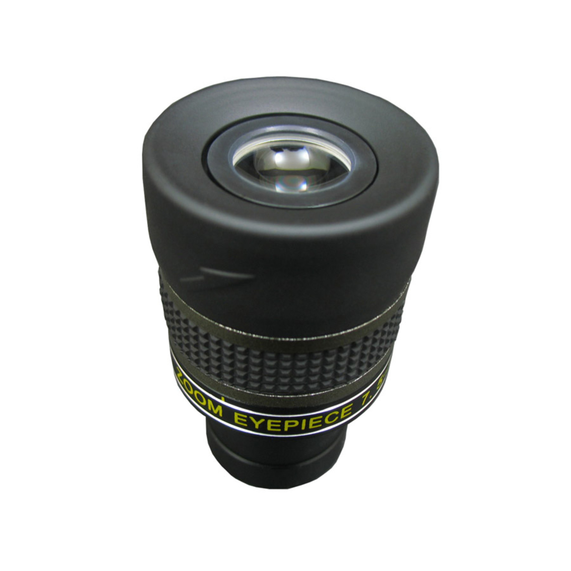 Ein schwarzes Zoomokular mit Linse oben und strukturierter Grifffläche. Text: "ZOOM EYEPIECE 7."