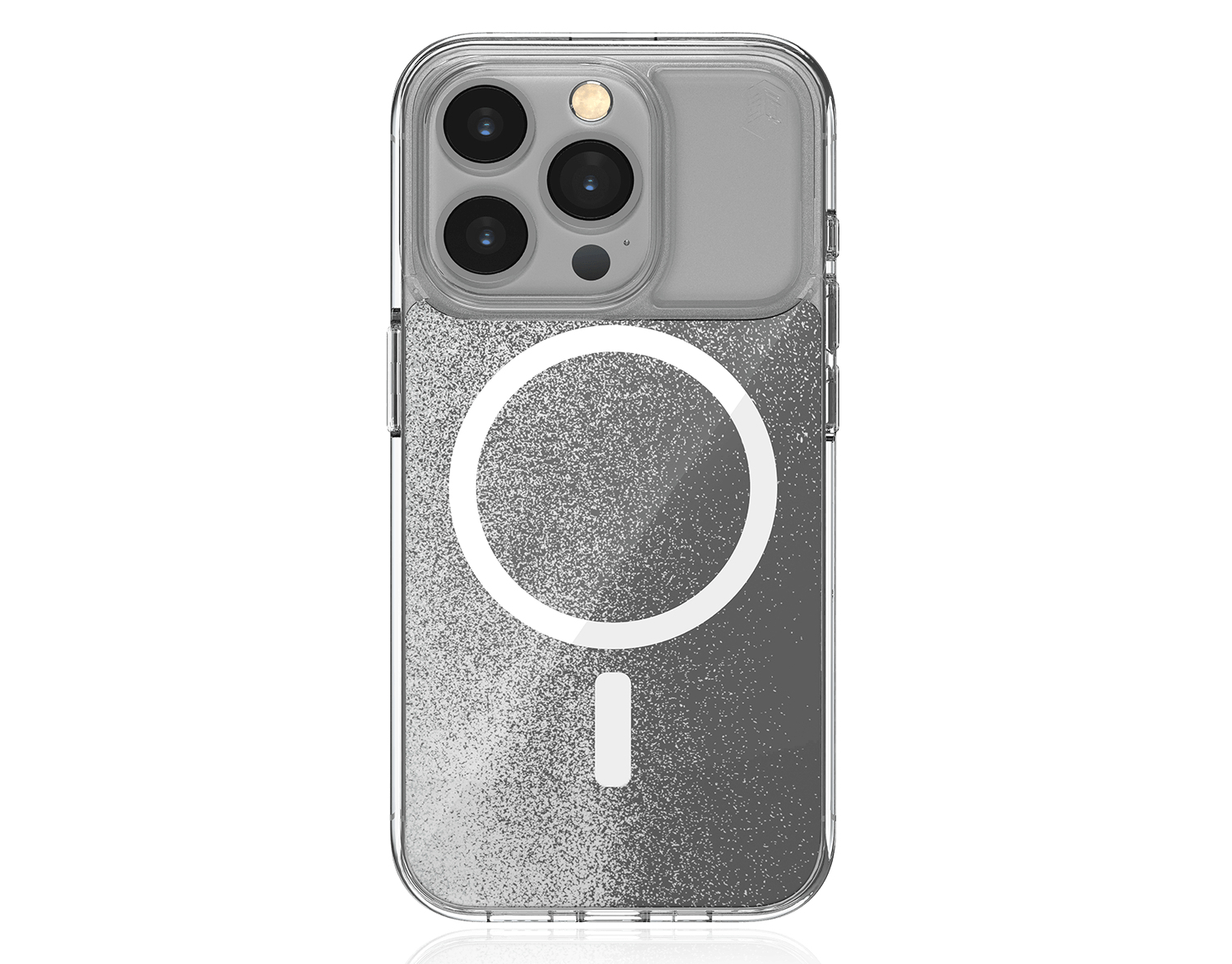 Custodia trasparente per telefono con glitter e cerchio MagSafe.
