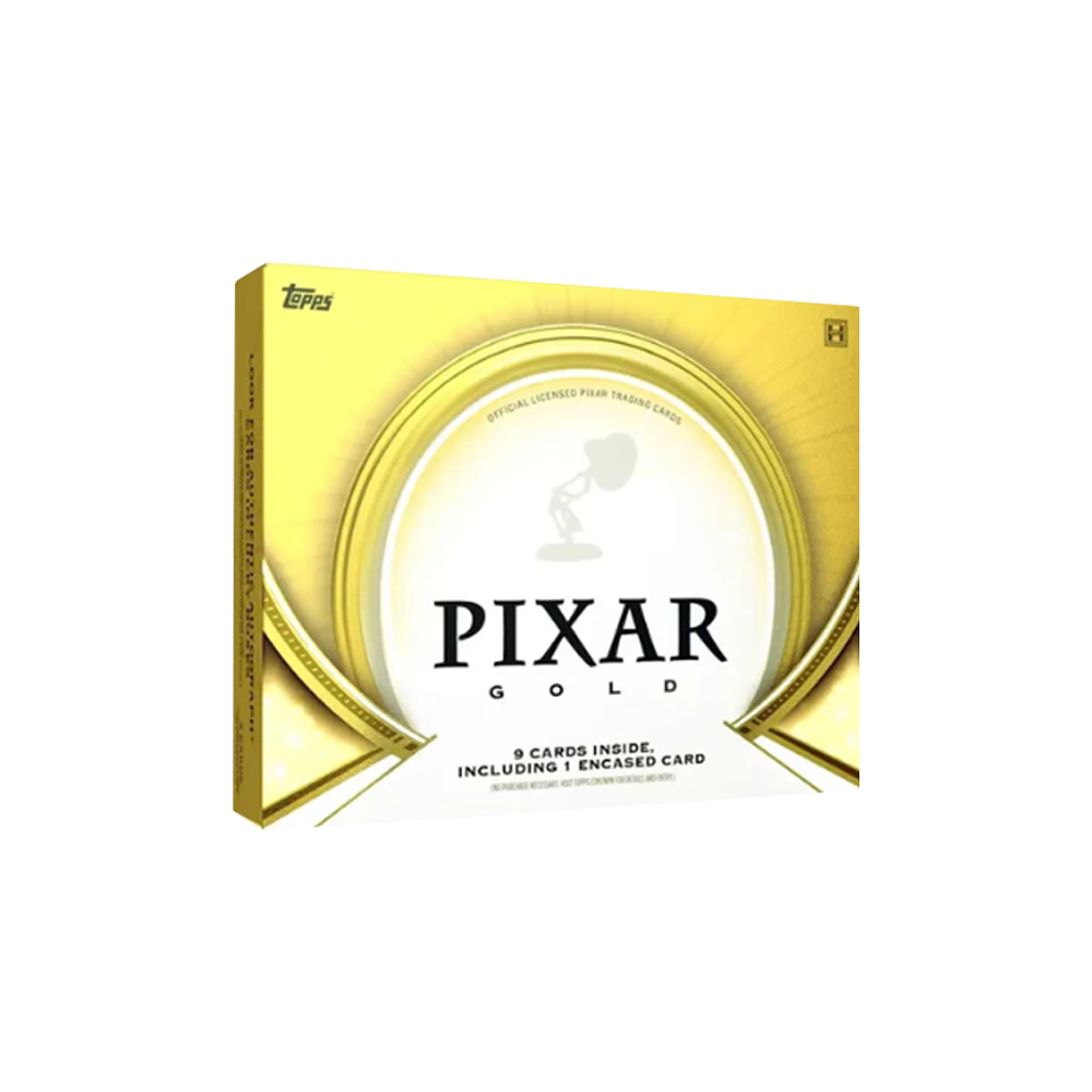 Goldene Pixar-Sammelkartenbox mit Topps-Logo und Luxo-Lampe. 9 Karten enthalten.