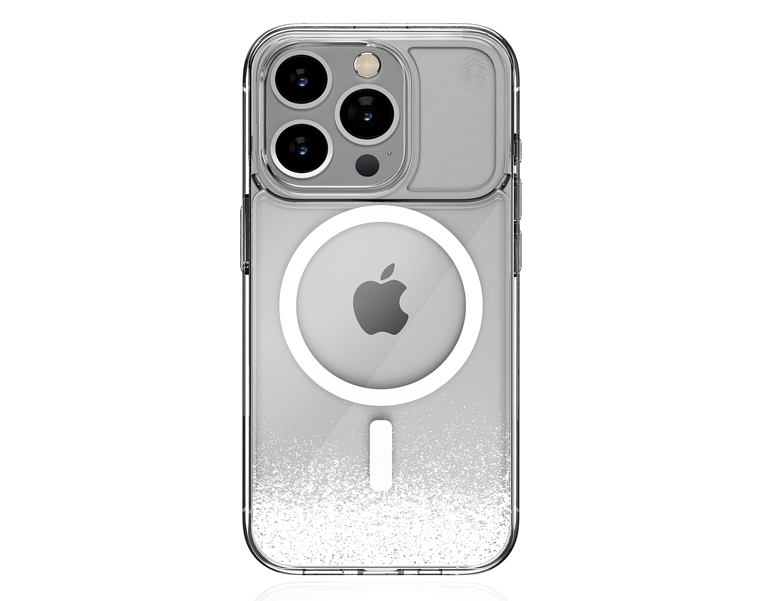 Custodia trasparente per telefono con tripla fotocamera, logo Apple e anello MagSafe su sfondo bianco.