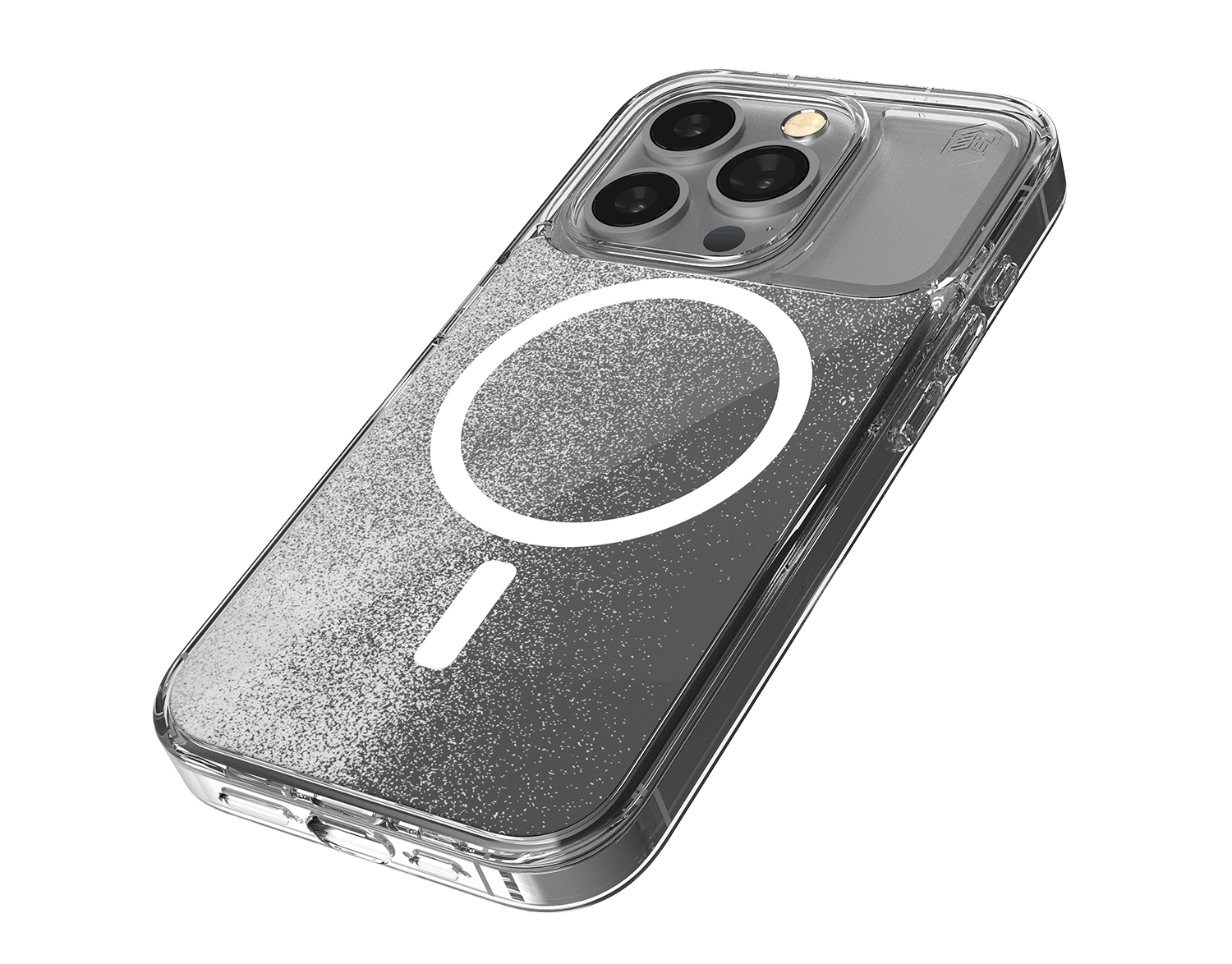 Custodia trasparente per telefono con glitter argento e anello MagSafe bianco.