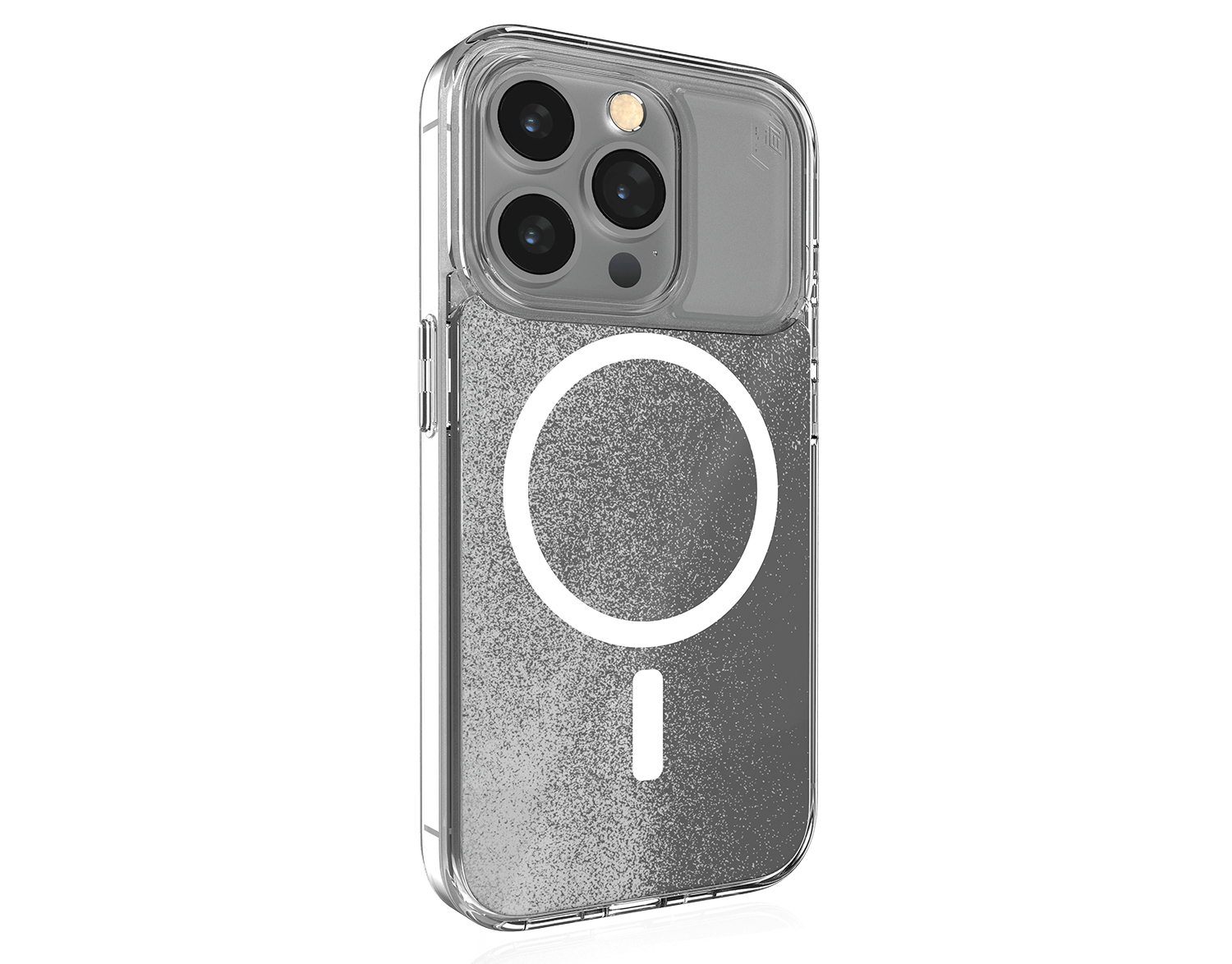 Custodia trasparente per iPhone con glitter nero e alloggiamento fotocamera.