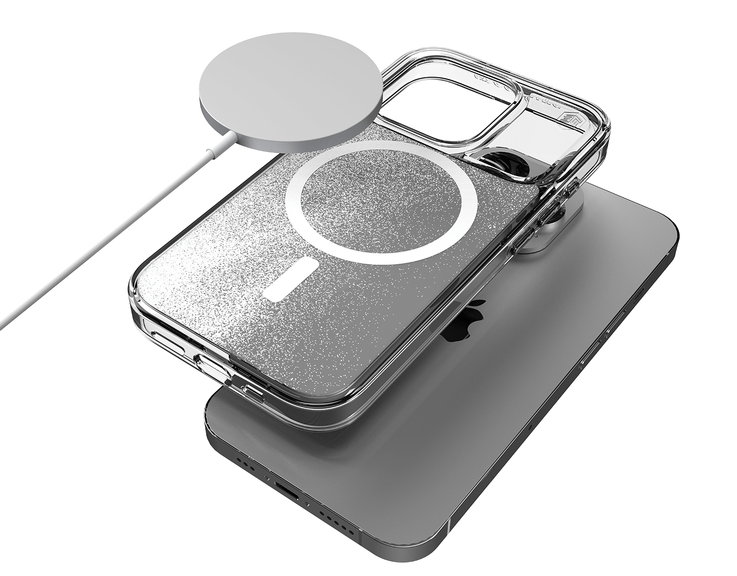 Una cover trasparente glitterata copre un iPhone argento, con caricatore MagSafe bianco.