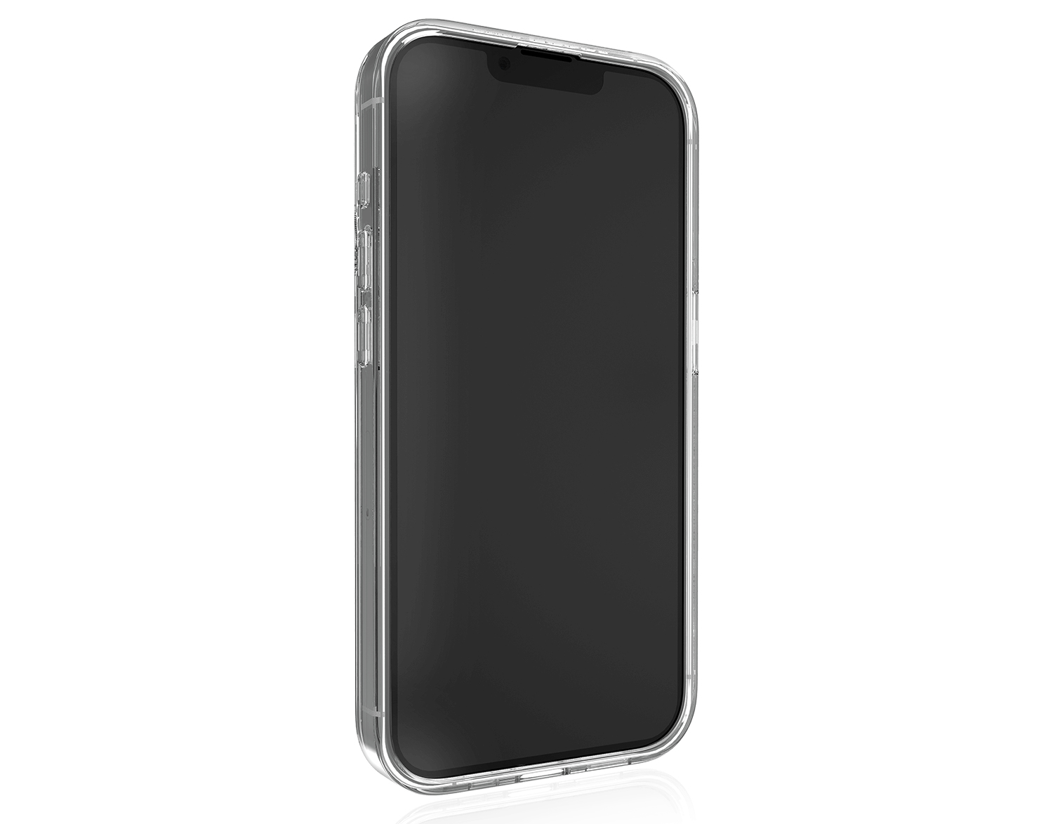 Una custodia trasparente per telefono su uno smartphone con schermo nero, vista di lato.