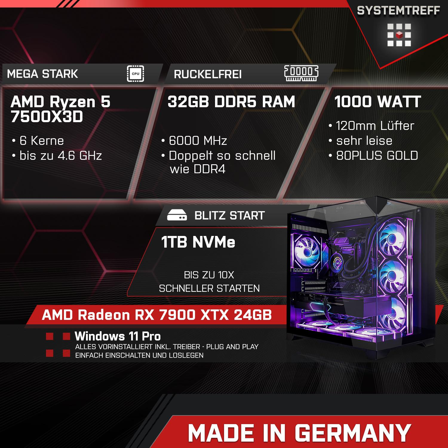 SYSTEMTREFF Gaming PC: AMD Ryzen 5 9600X, RTX 5060 Ti 16GB, 32GB DDR5, 1TB NVMe, Windows 11 – High-End PC Für Gamer & Streamer