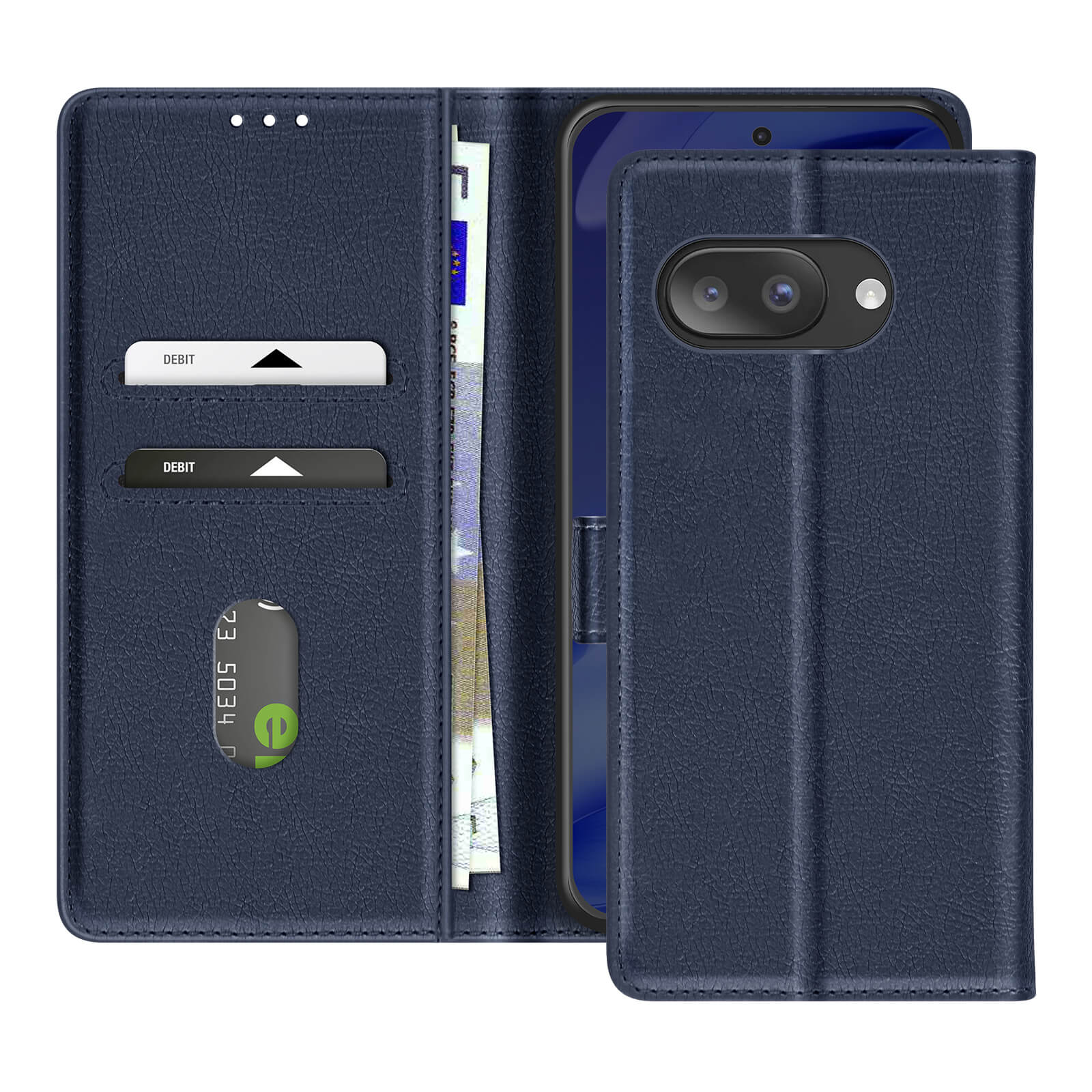 Custodia per telefono blu scuro stile portafoglio con fessure per carte e banconote.