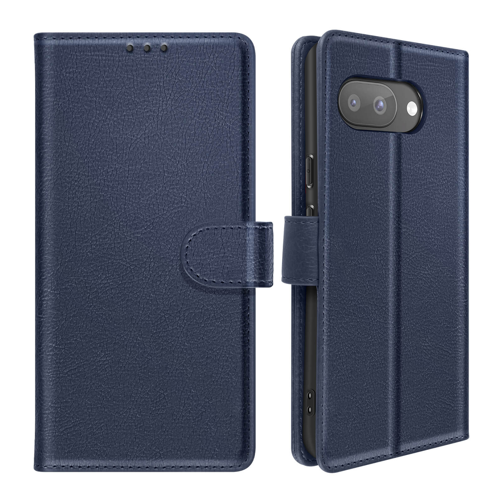 Custodia per telefono blu scuro a flip con ritaglio fotocamera, su sfondo bianco.