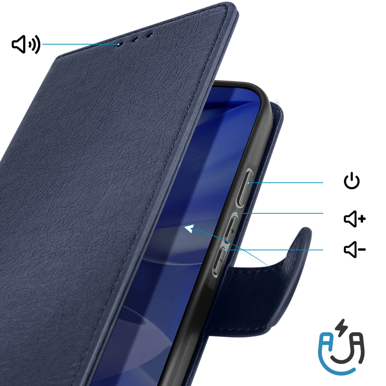 Custodia a libro blu scuro con etichette per volume, accensione e chiusura magnetica.
