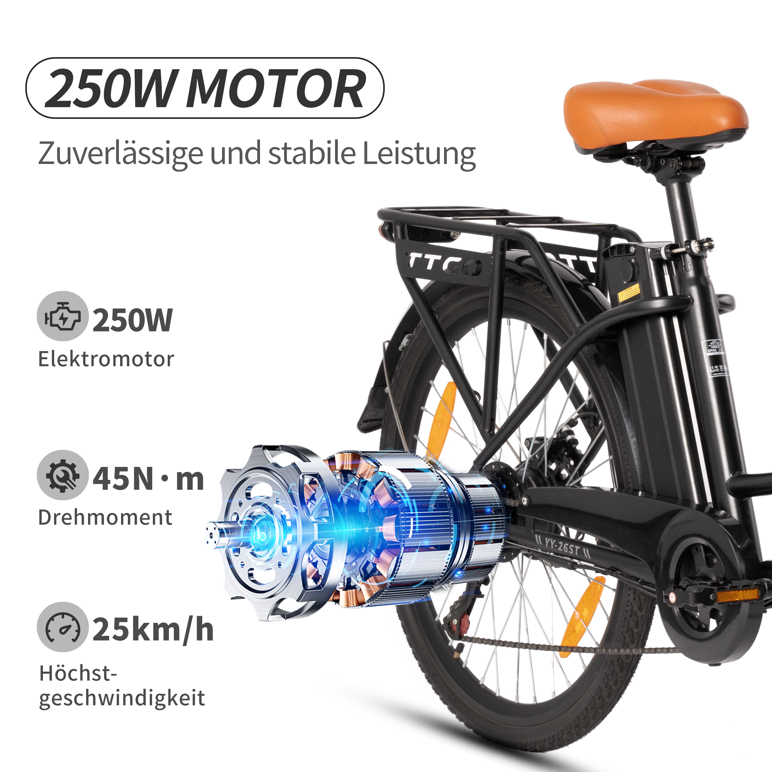 E-Bike mit 250W Motor, 45Nm Drehmoment, 25km/h Höchstgeschw. & Gepäckträger.