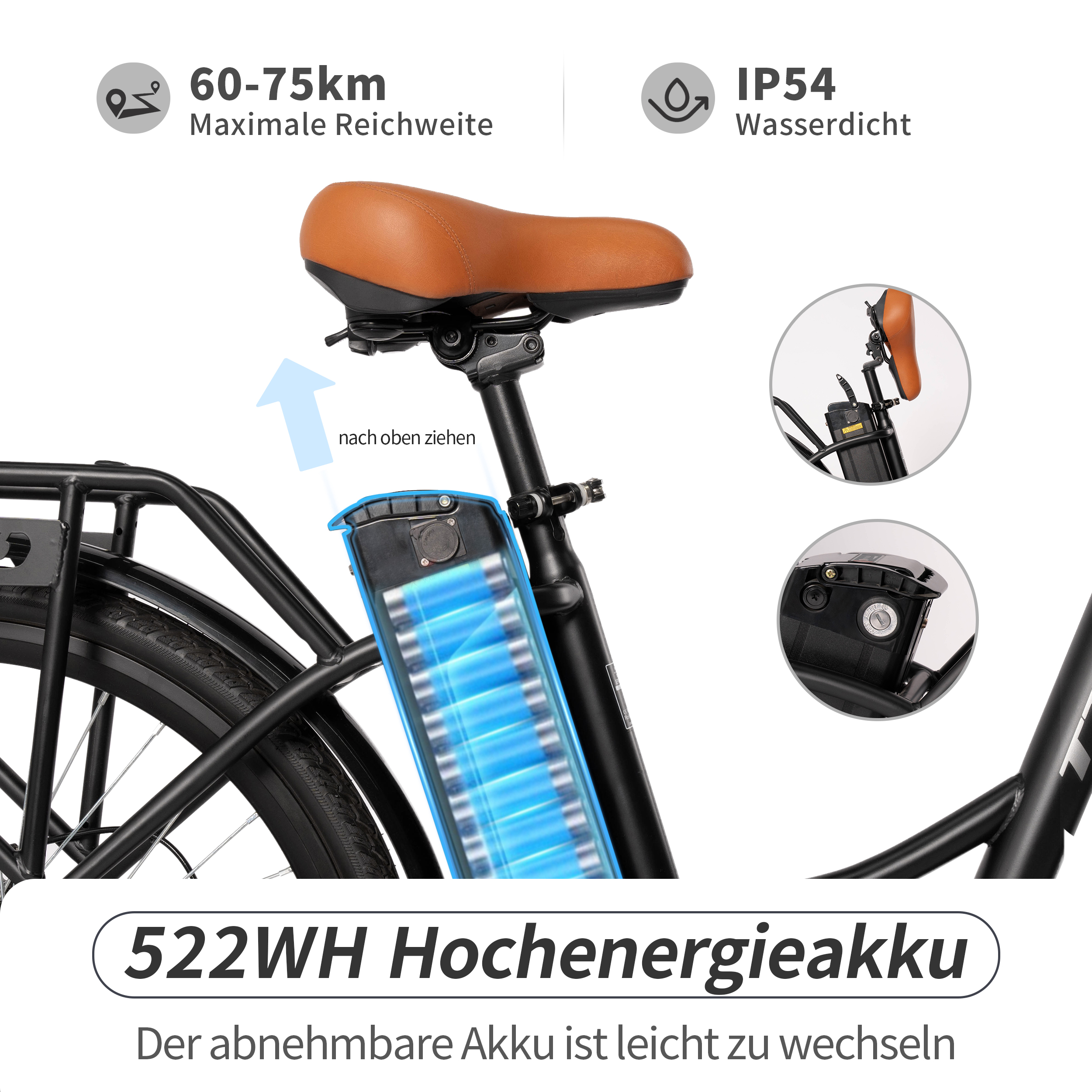 E-Bike Akku 60-75km Reichweite, IP54 wasserdicht. Akkupack gezeigt.