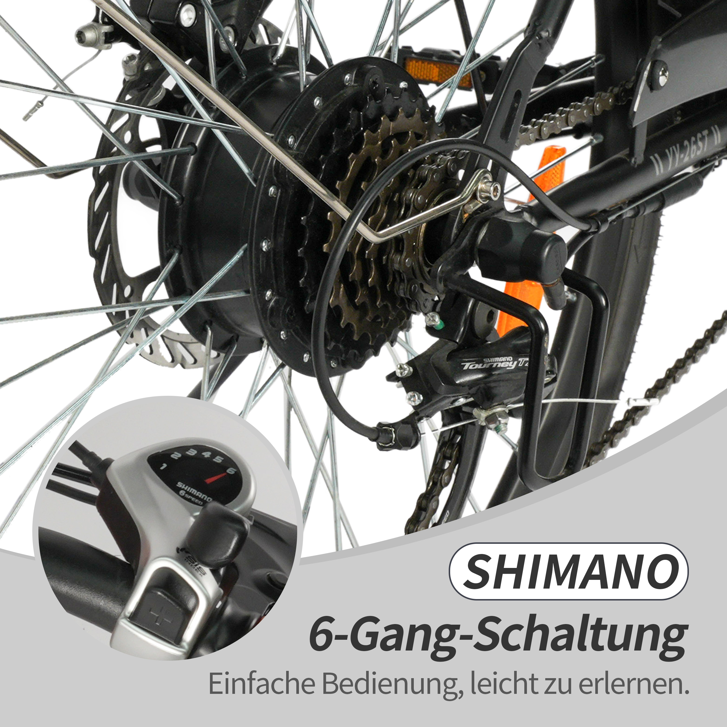 Nahaufnahme der Fahrradschaltung mit 6 Gängen und Kettenradgarnitur.