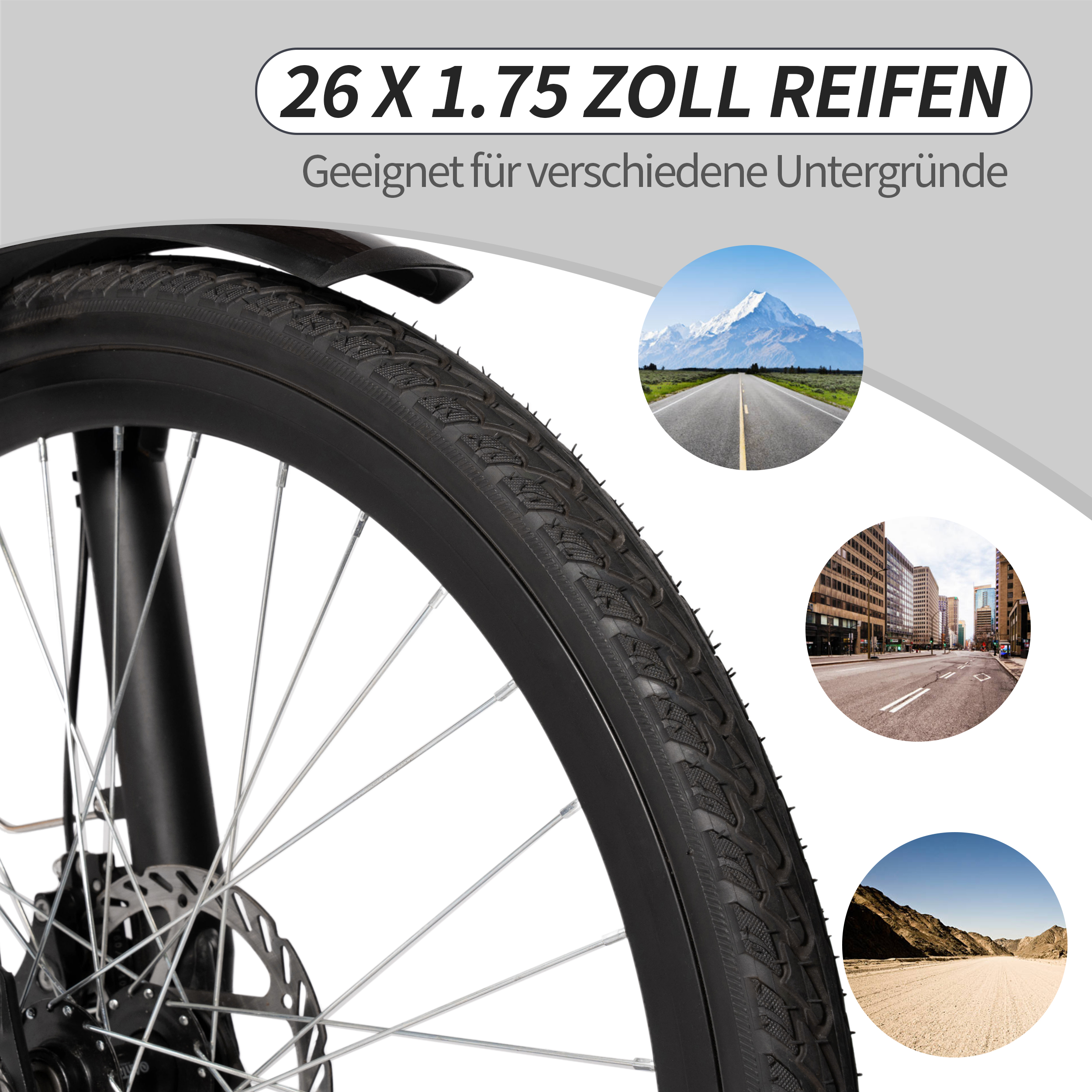 26x1,75 Zoll Reifen mit Scheibenbremse, zeigt Berg-, Stadt- und Wüstenstraßen.