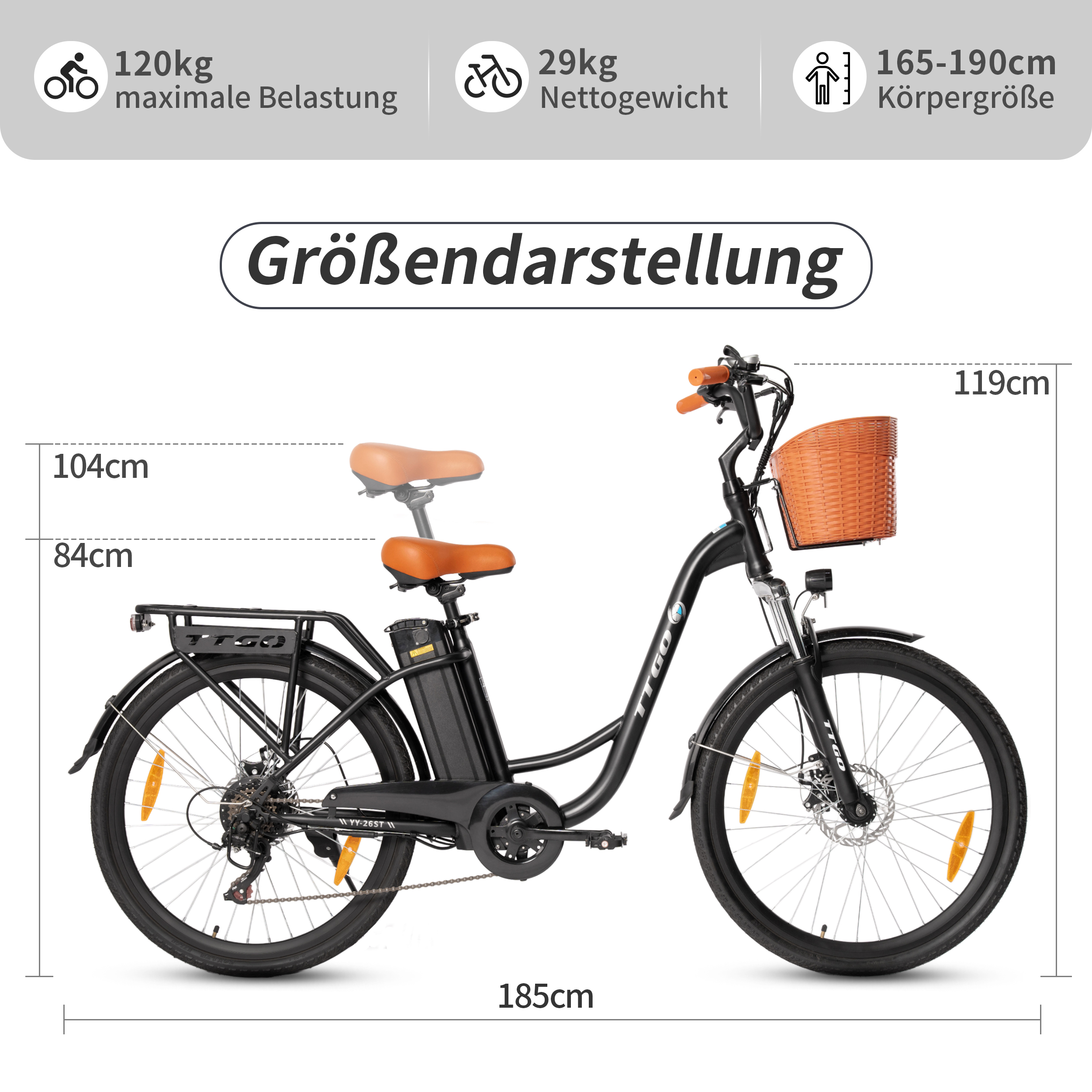 Schwarzes E-Bike mit orangen Akzenten, 185 cm lang, 119 cm hoch, 104 cm Sitzhöhe.