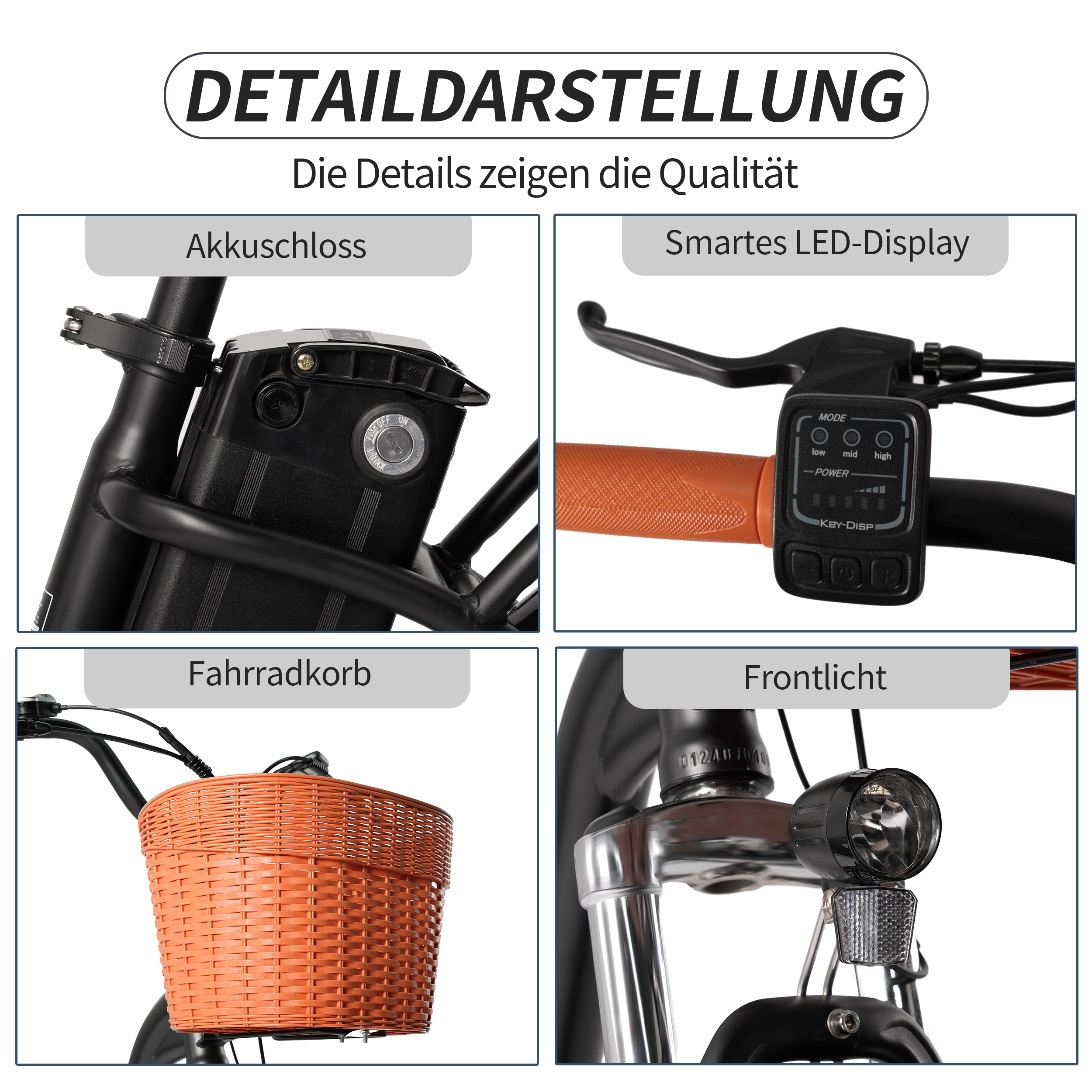 Nahaufnahme eines E-Bikes mit Akkuschloss, Display, Korb und Frontlicht.