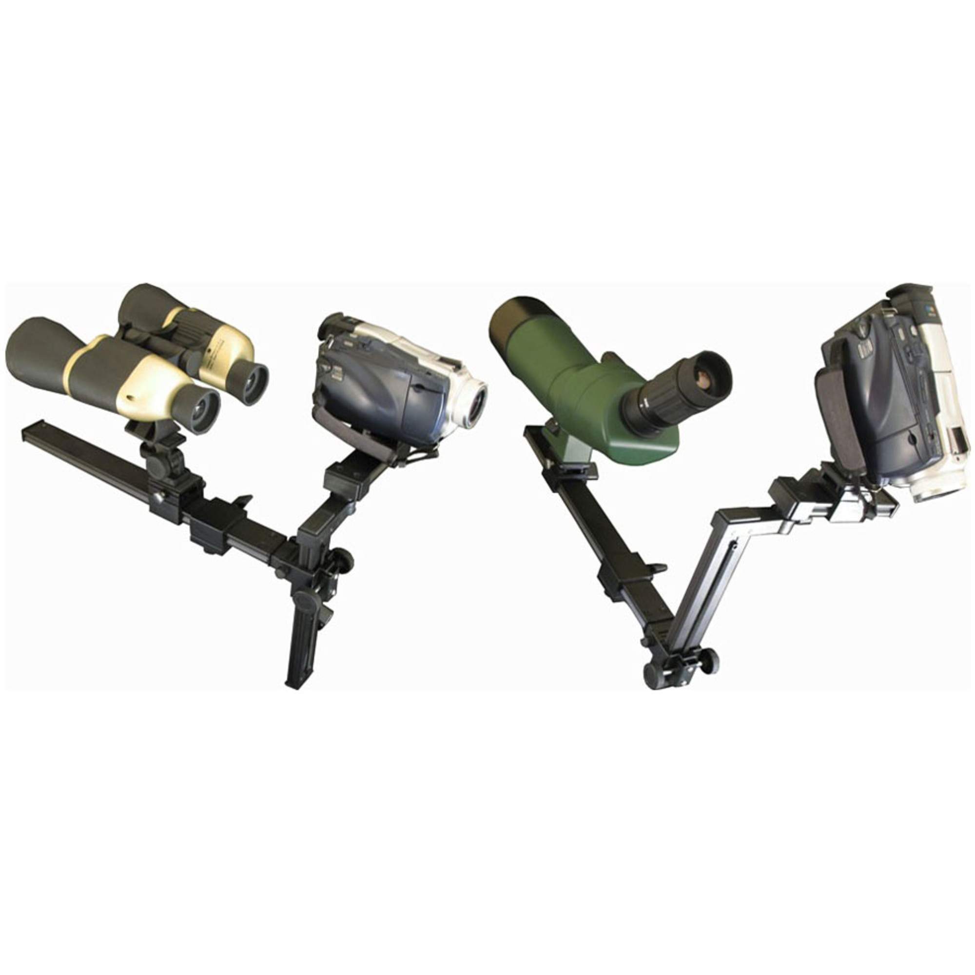 Fernglas, Camcorder, Spektiv und Kamera auf Halterungen.