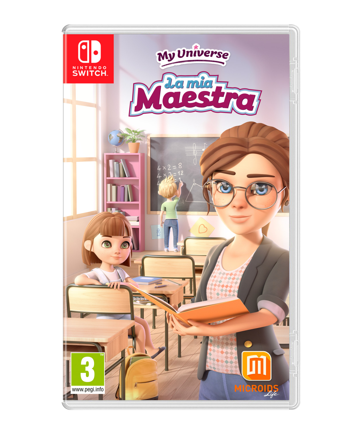 Copertina gioco Nintendo Switch: Insegnante e studentessa in un'aula. Titolo: My Universe La mia Maestra.