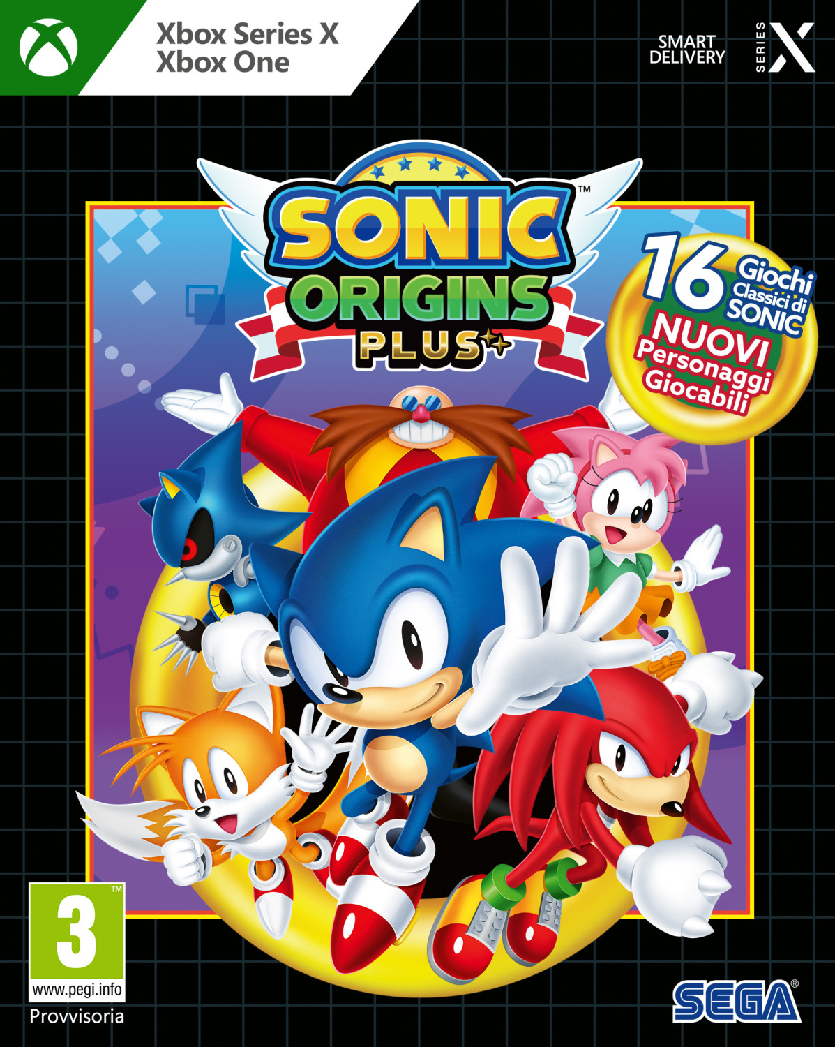Copertina del gioco Sonic Origins Plus: Sonic, Tails, Knuckles, Amy, Eggman, Metal Sonic su anello giallo.