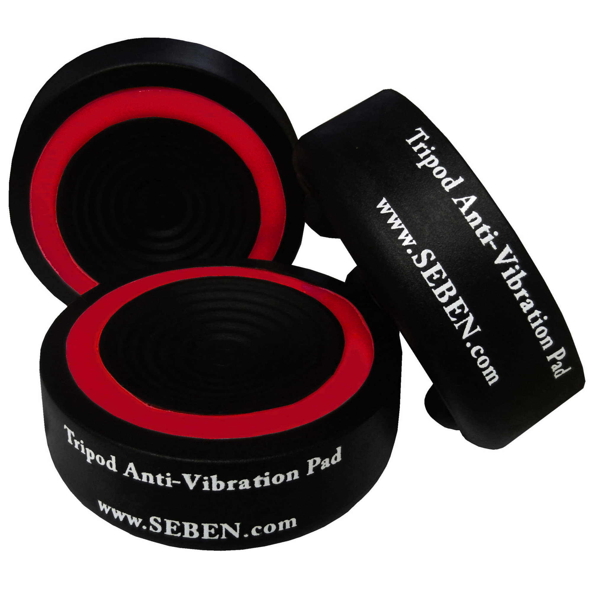 Drei schwarze Stativ-Anti-Vibrationspads mit roten Ringen. Text: 'Tripod Anti-Vibration Pad'.