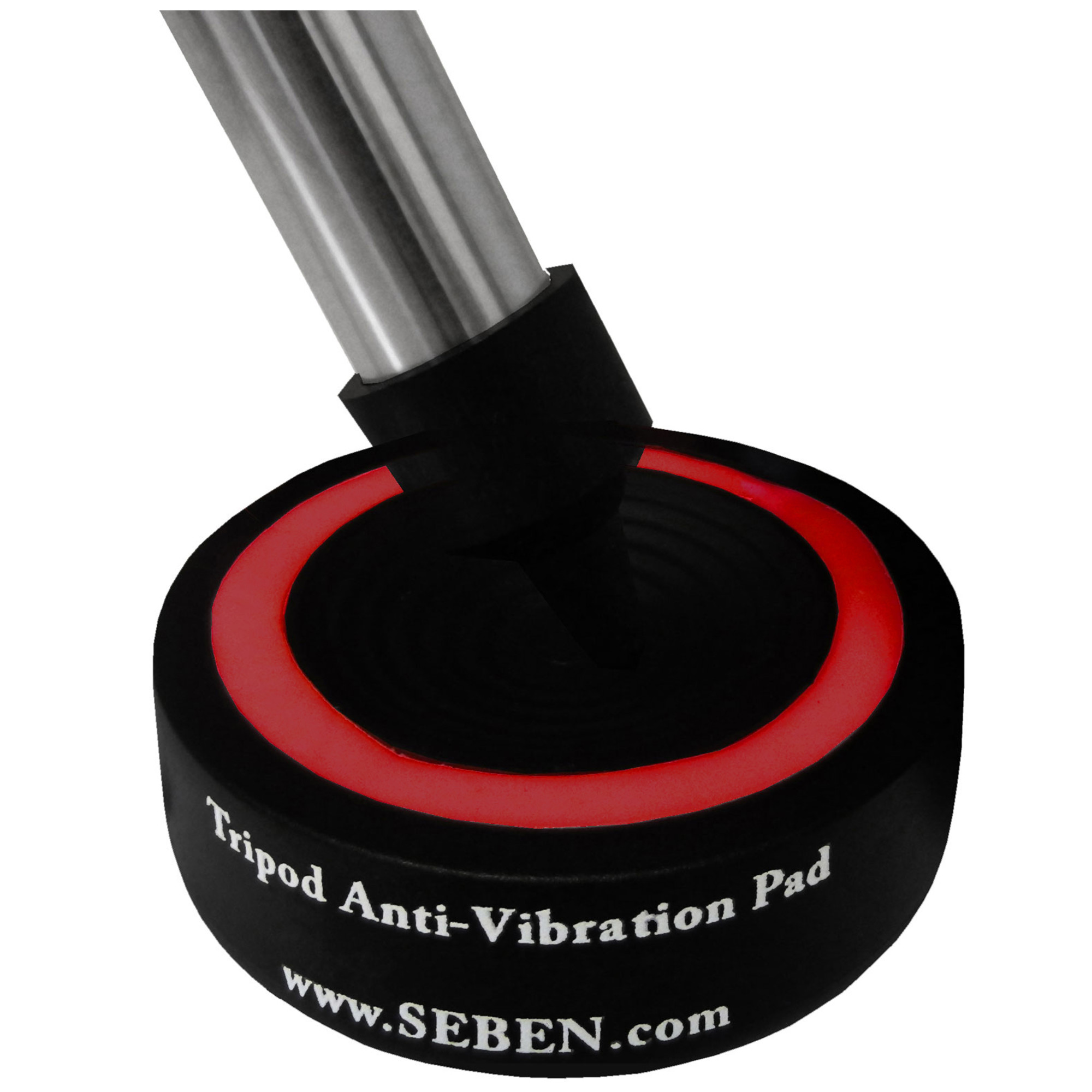 Schwarzes Stativ-Anti-Vibrationspad mit rotem Ring und silbernem Stiel.