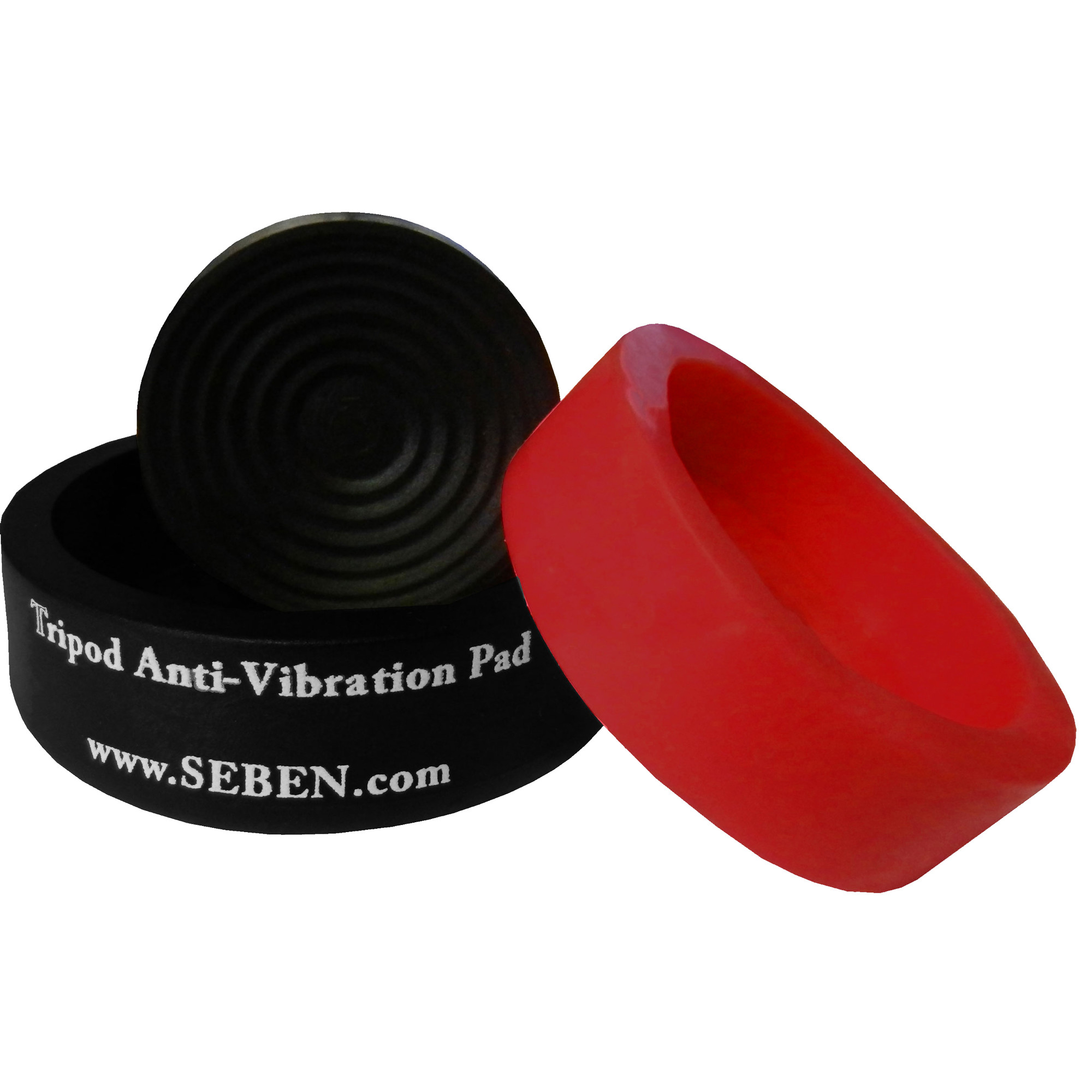 Schwarzes Stativ Anti-Vibrationspad mit weißem Text und einem roten Ring.
