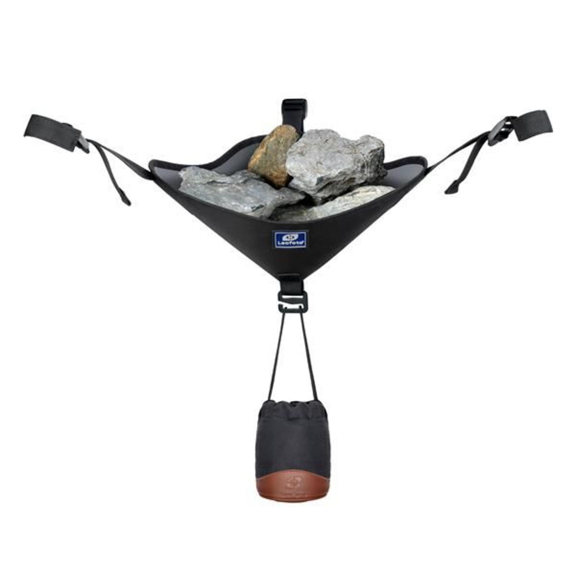 Eine schwarze Leofoto-Sandtasche mit Steinen hängt an Gurten.