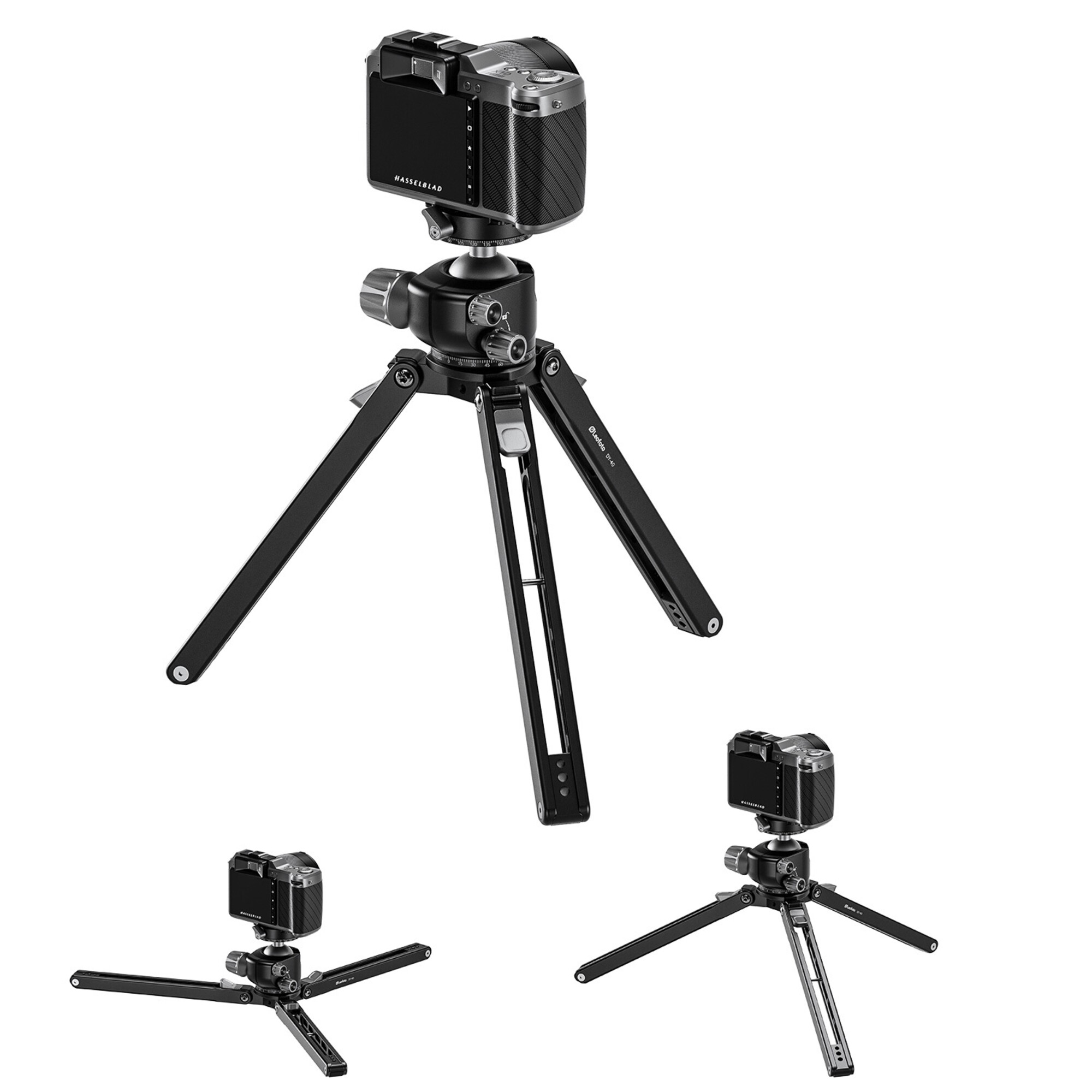 Drei schwarze Hasselblad-Kameras auf schwarzen Stativen unterschiedlicher Größe.