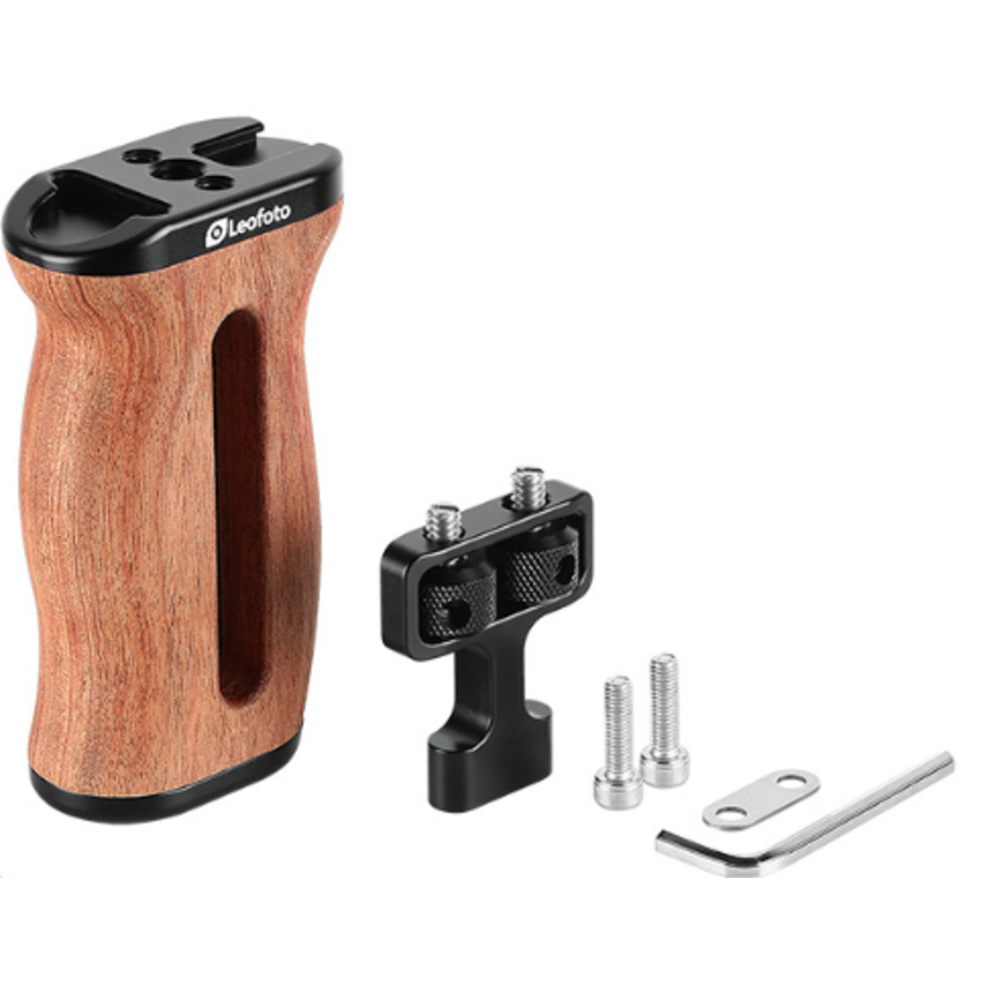 Holzgriff mit Zubehör: zwei Schrauben, ein Inbusschlüssel und eine Halterung.