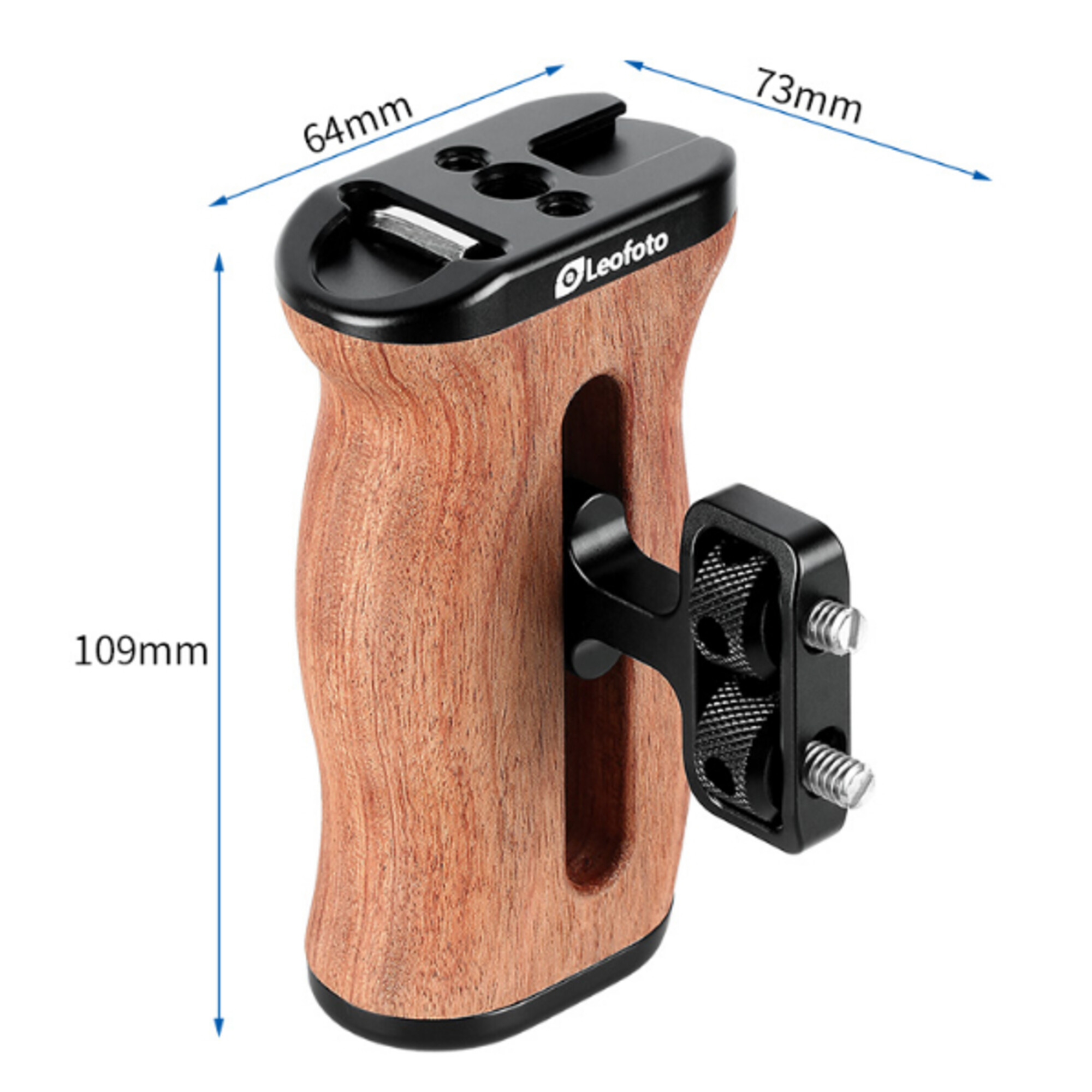 Holzgriffkamera mit schwarzen Metallteilen und Maßen.