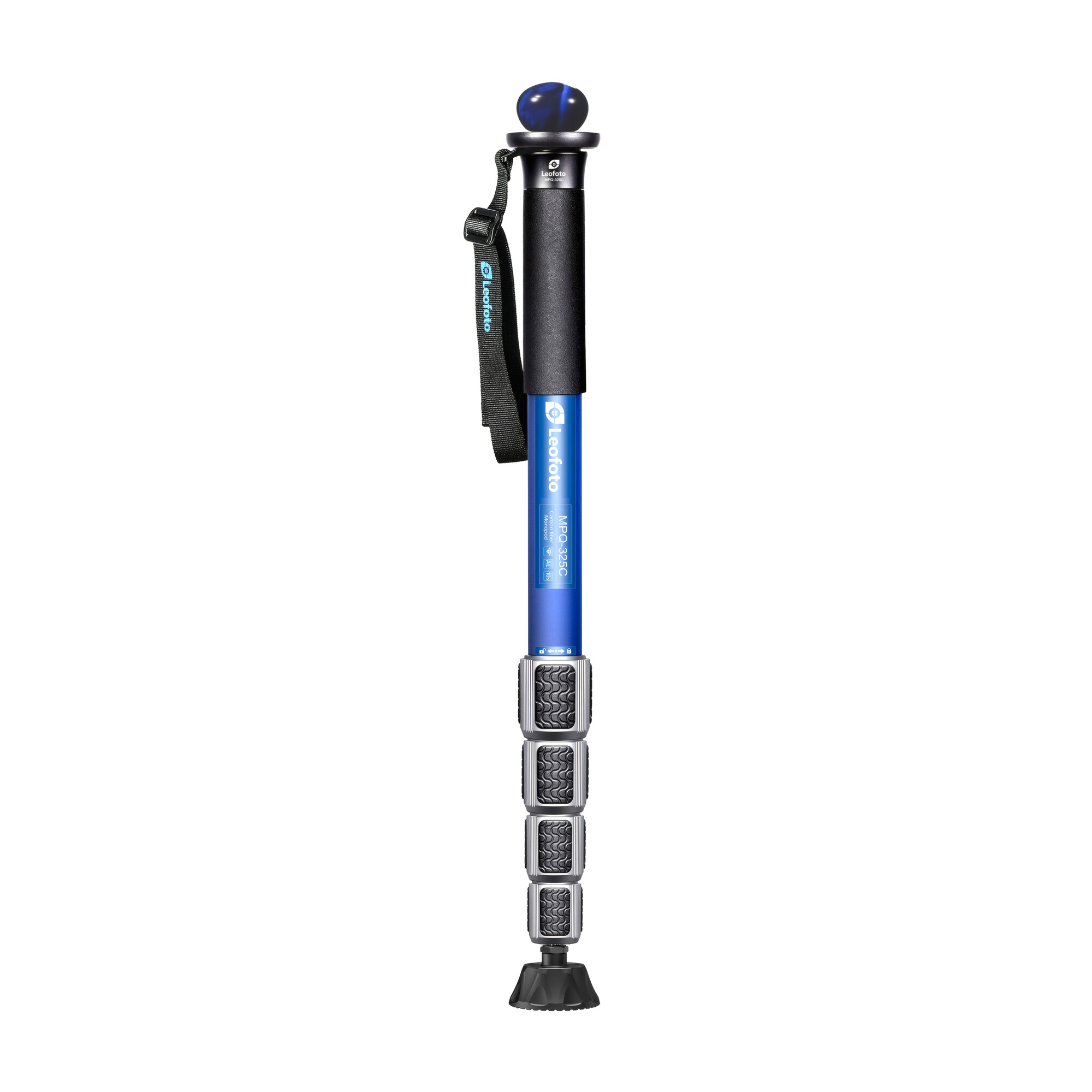 Blauer Leofoto Monopod mit schwarzem Griff und silbernen Textur-Abschnitten.