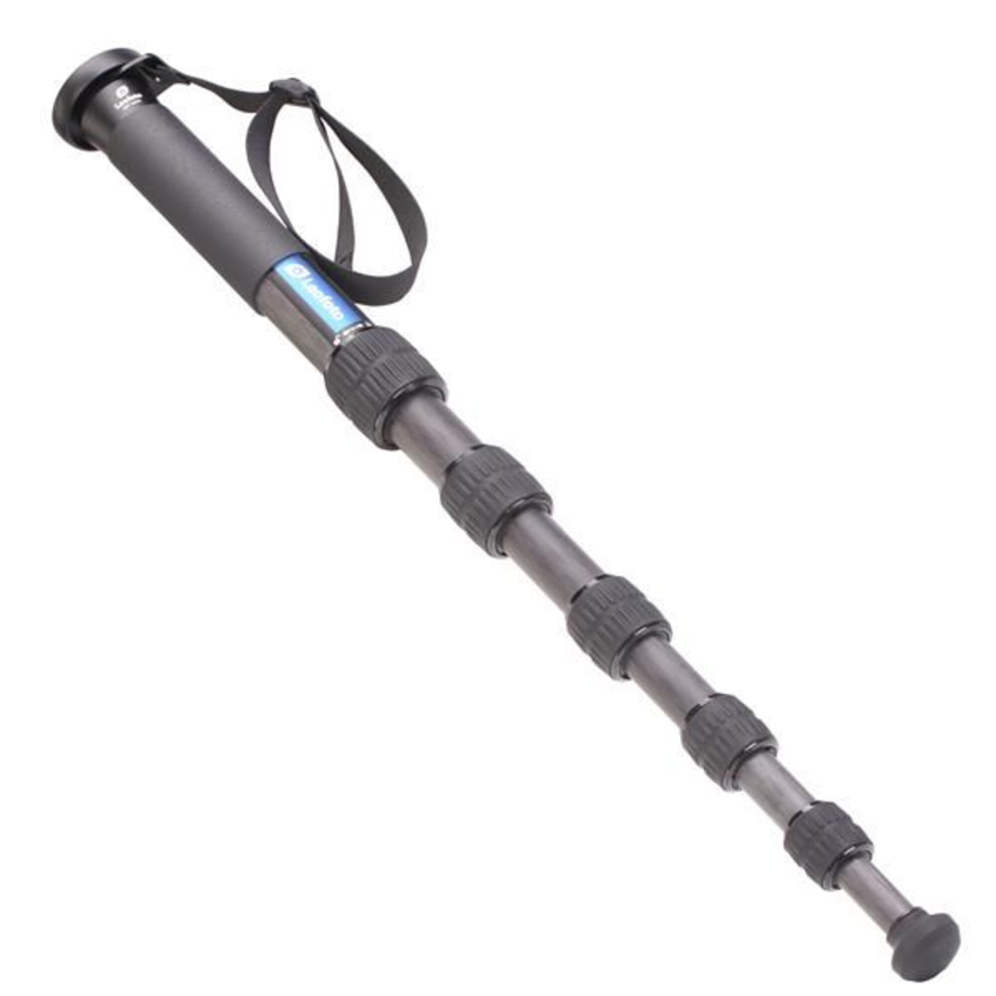 Ein ausziehbarer Monopod mit schwarzem Griff und blauem Logo.