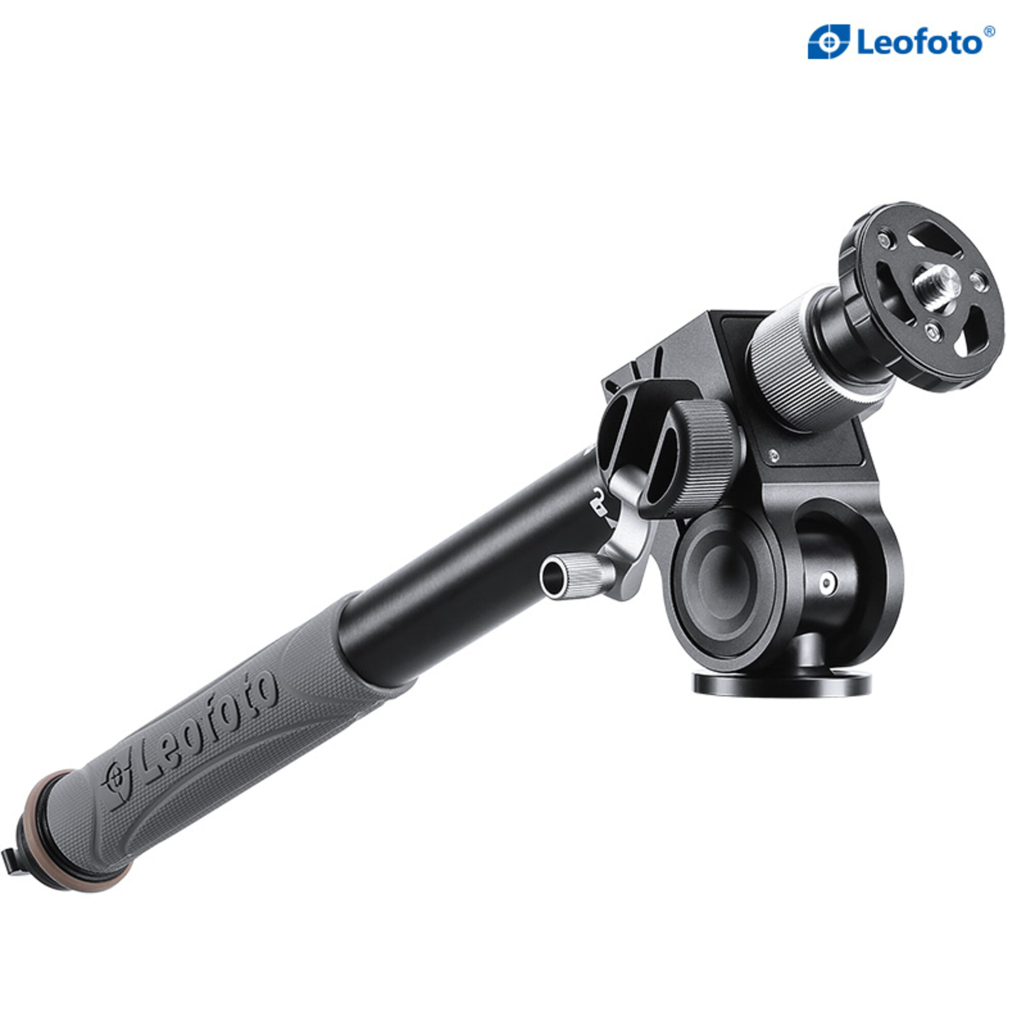 Ein schwarzer Leofoto Gimbal-Kopf für Kameras mit grauem Griff.