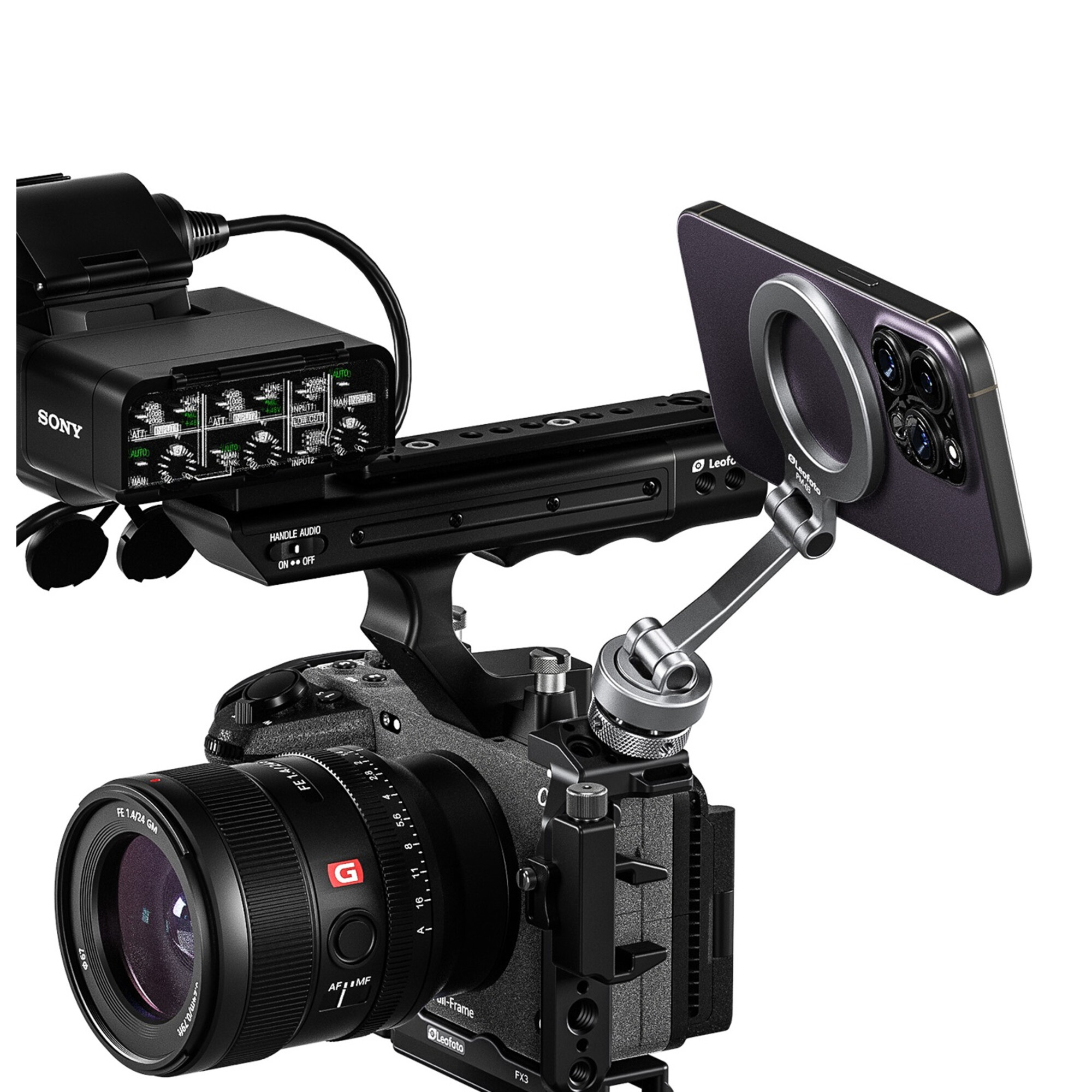 Sony Kamera mit Audioeinheit, Objektiv und Handyhalterung.
