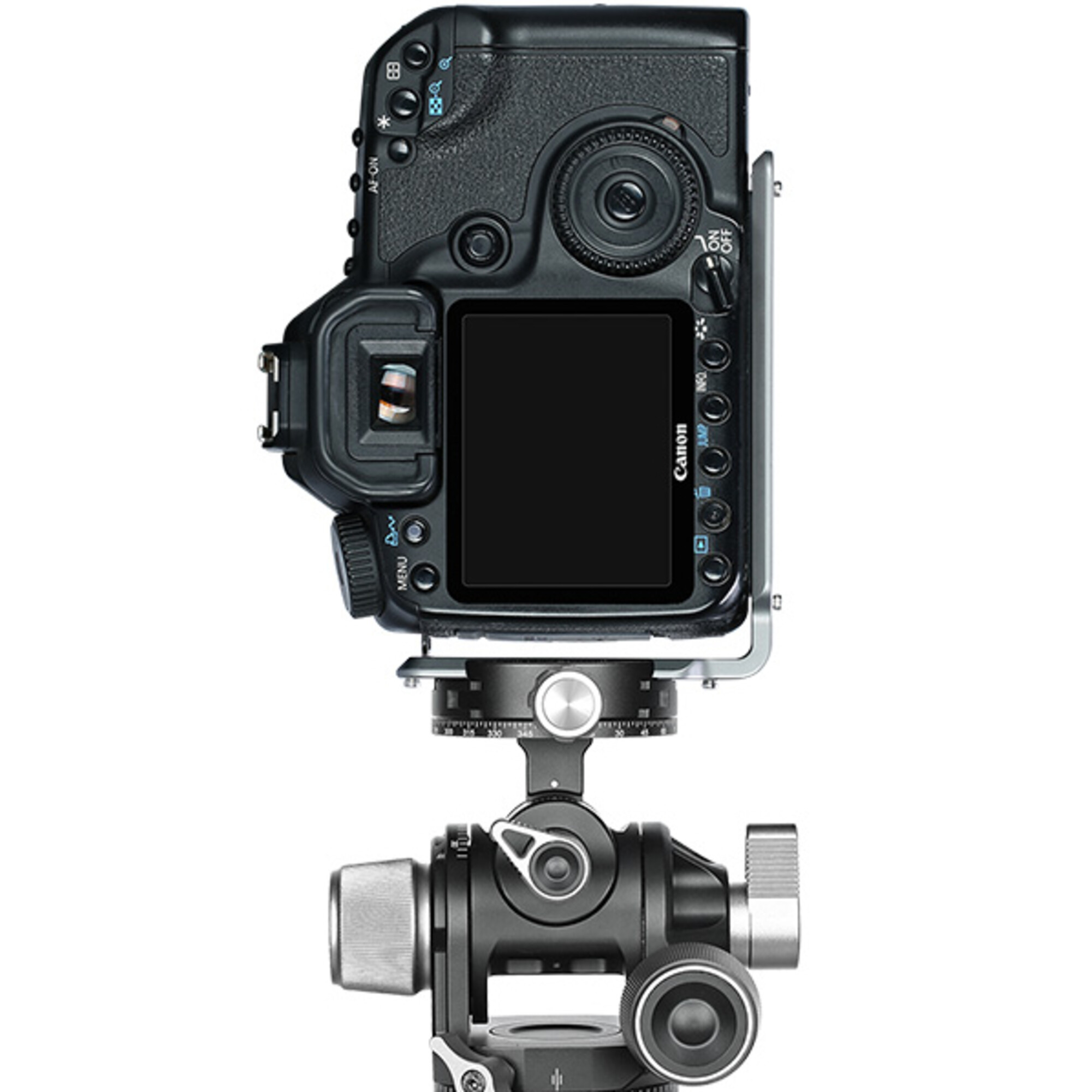 Schwarze Canon DSLR-Kamera auf einem Stativkopf montiert. Weißer Hintergrund.