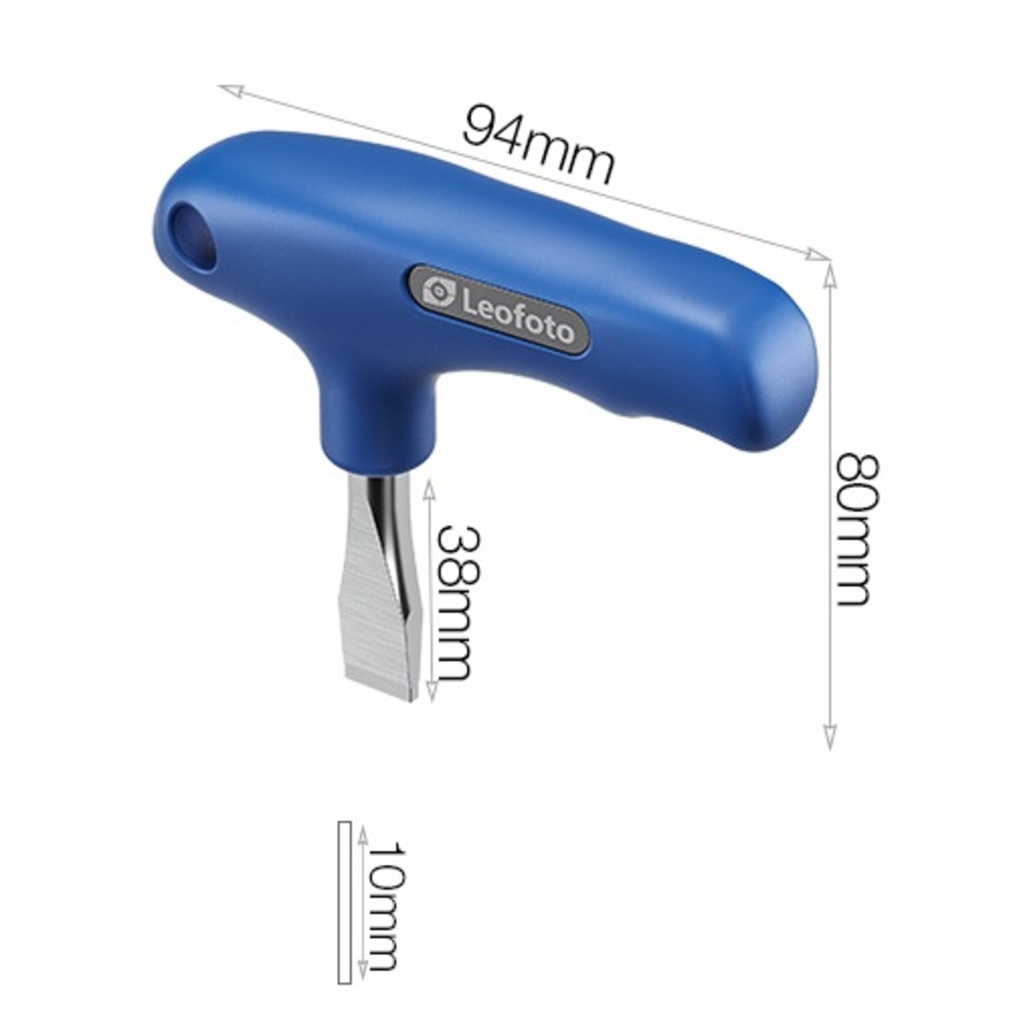 Ein blaues T-Griff-Werkzeug mit einer flachen Metallspitze und Maßen.